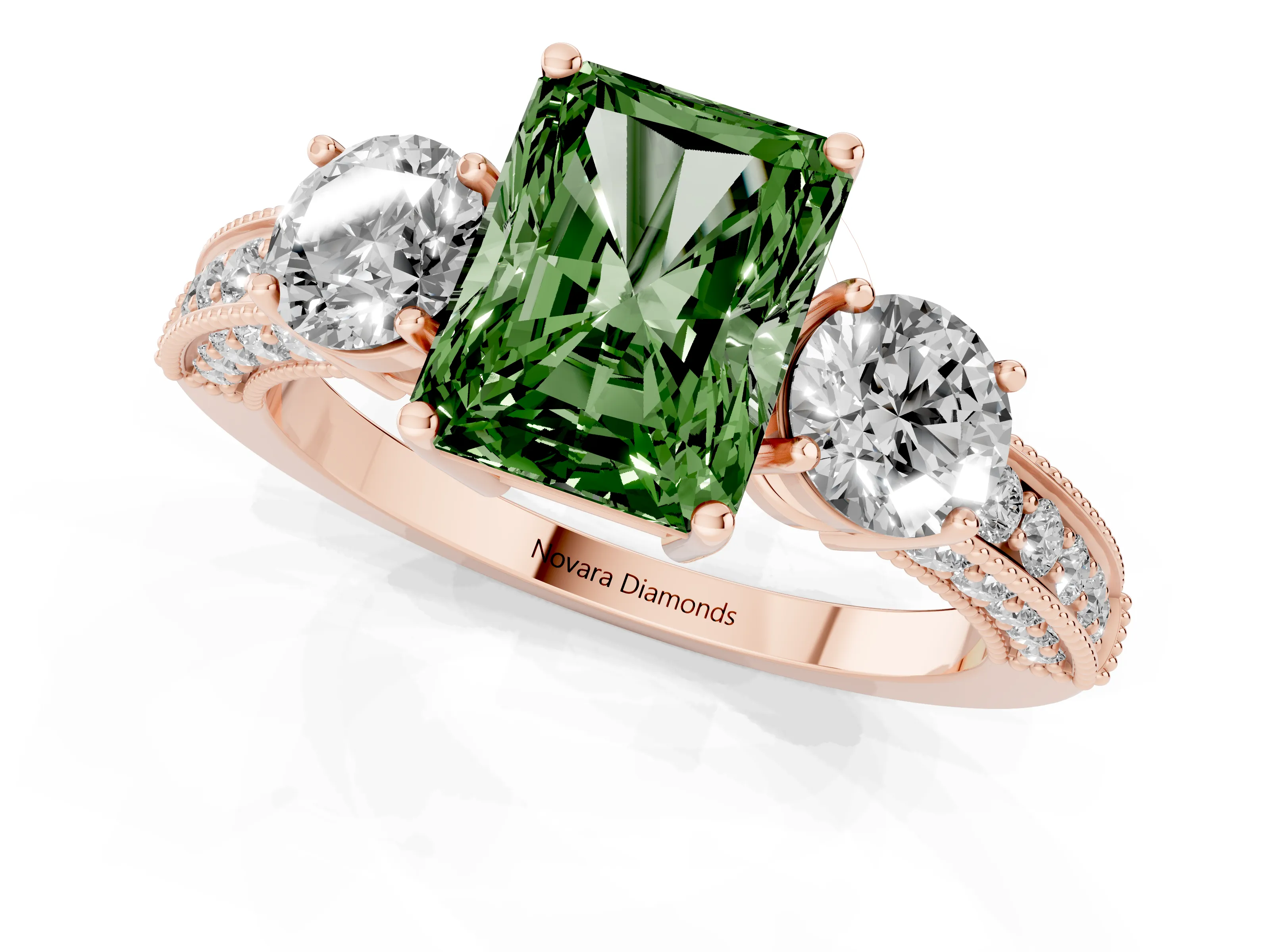 Fancy Green Radiant Cut Diamond Three-Stone Ring Set in Rose gold with Round Side Stones and Pavé Band