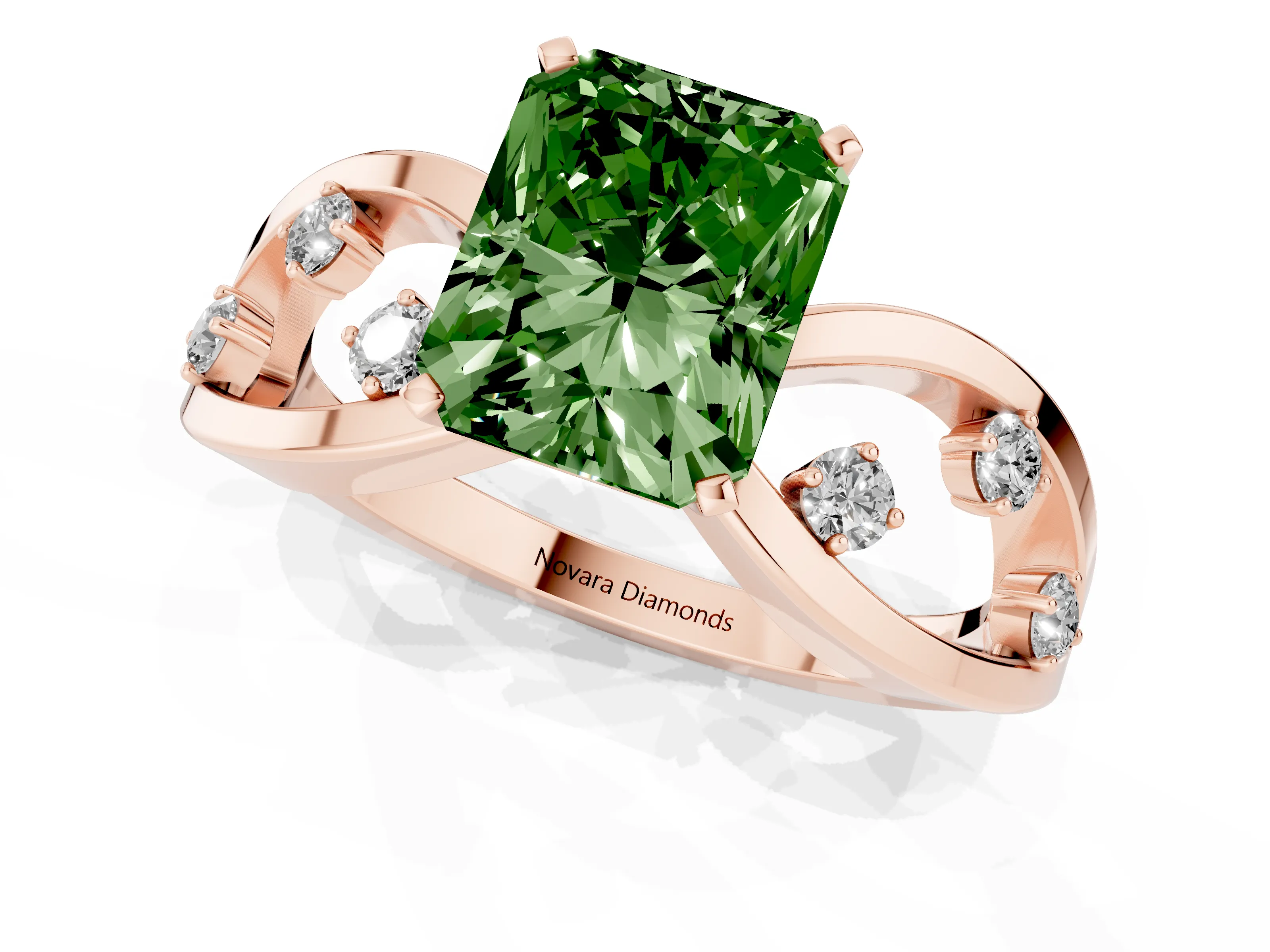 Fancy Green Radiant Cut Diamond Solitaire Ring Set in Rose gold with Side Stones on Criss-Cross Band and Prong Setting