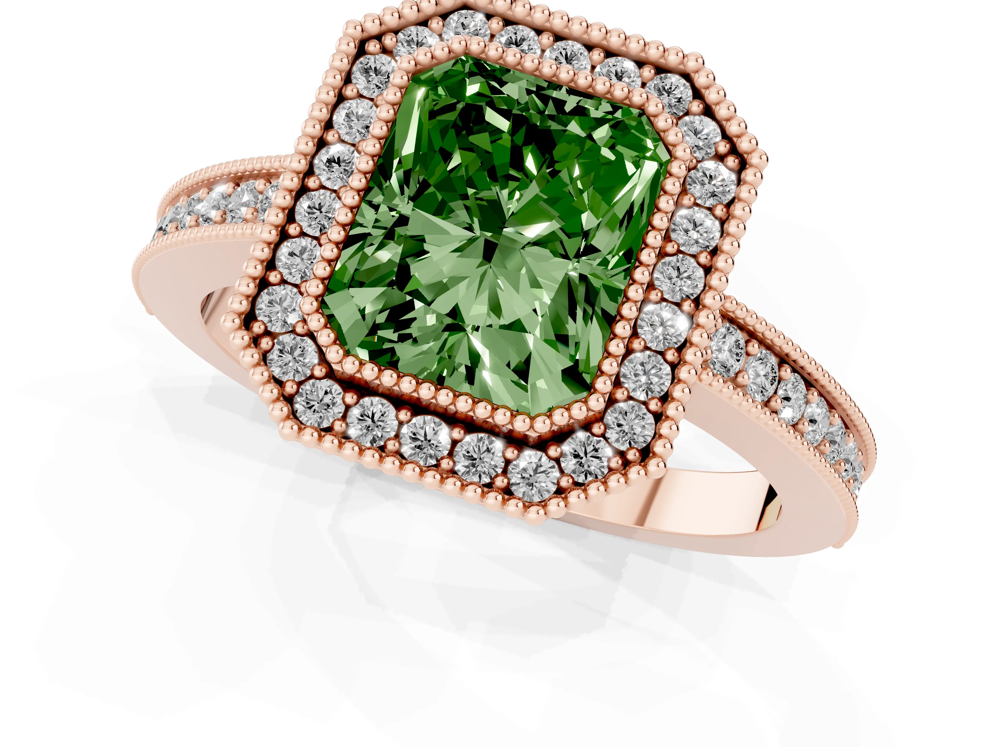 Fancy Green Radiant Cut Diamond Round Halo Ring Set in Rose gold with Pavé Band