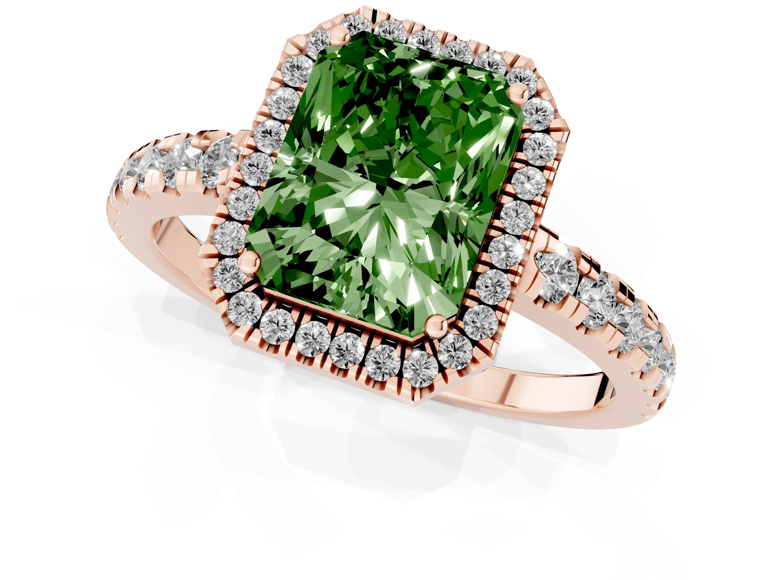 Fancy Green Radiant Cut Diamond Halo Ring Set in Rose gold with Delicate Pavé Band and Prong Setting