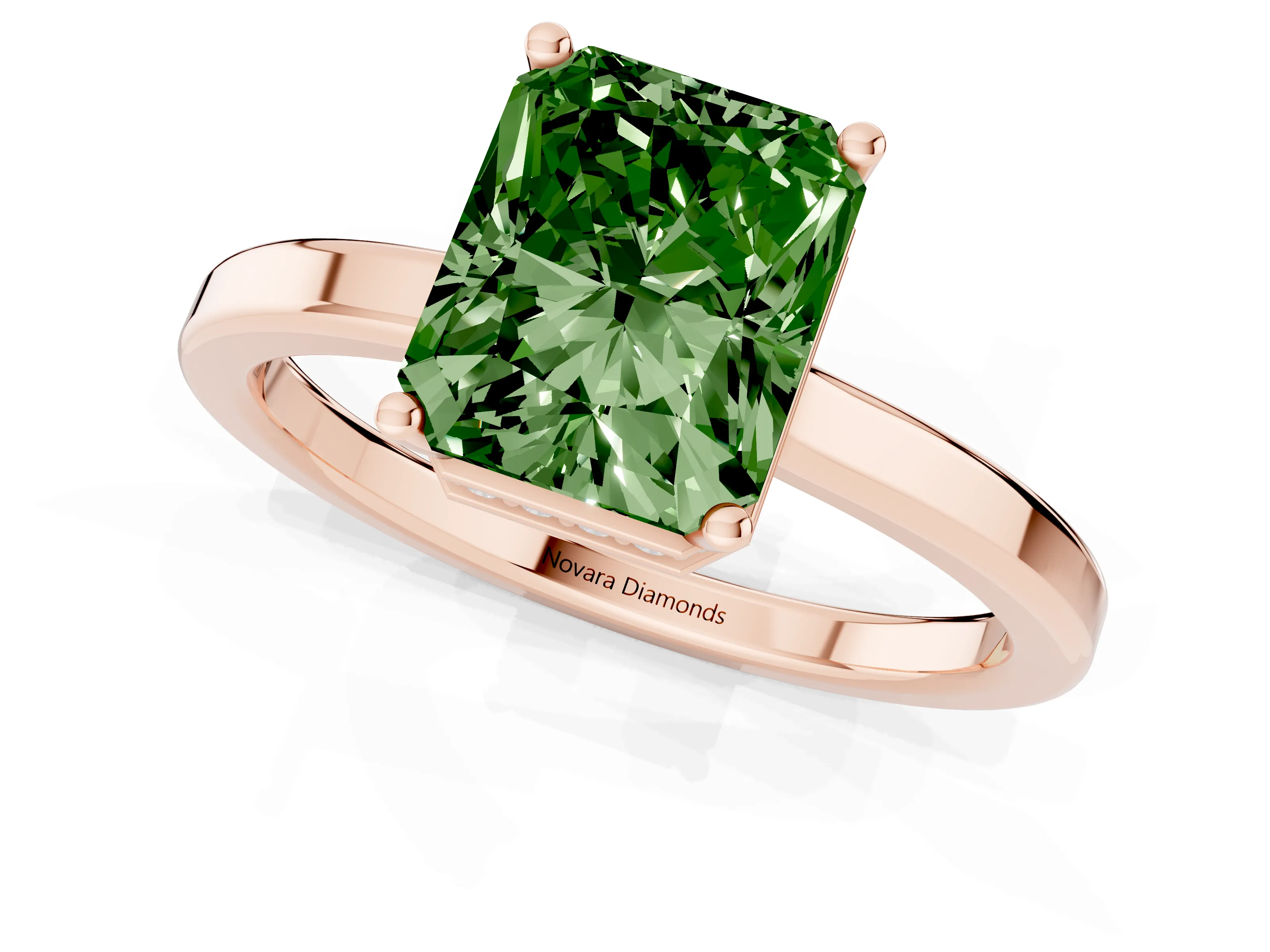 Fancy Green Radiant Cut Diamond Solitaire Engagement Ring Set in Rose gold with Prong Setting on a Plain Band