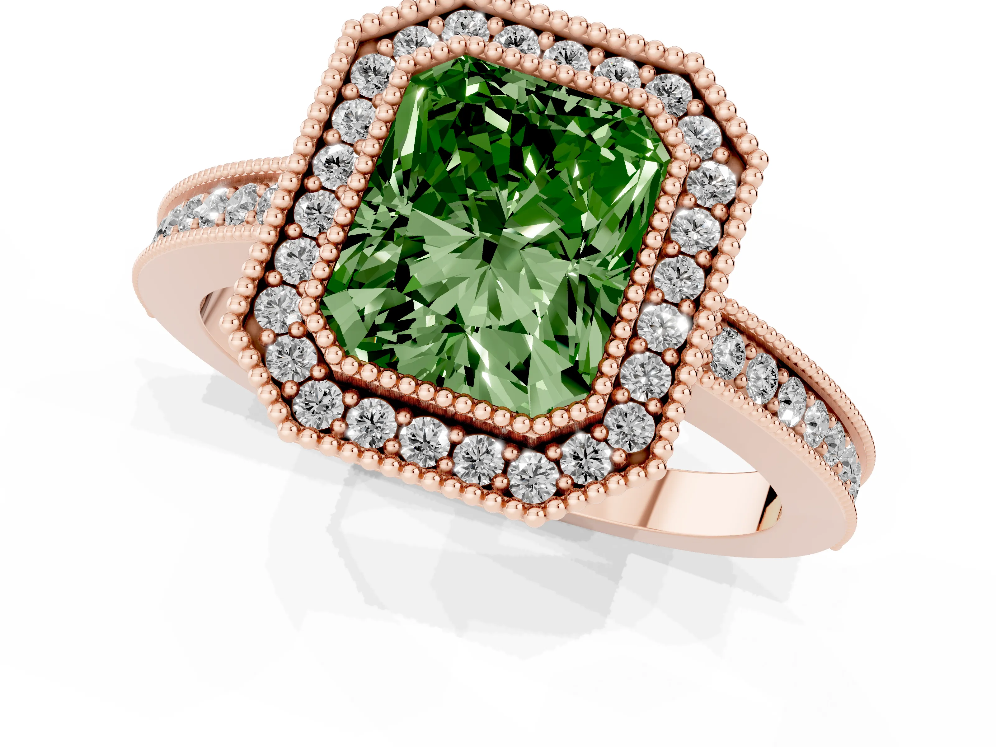 Fancy Green Radiant Cut Diamond Halo Ring Set in Rose gold with Pavé Band and Milgrain-Edged Prongs