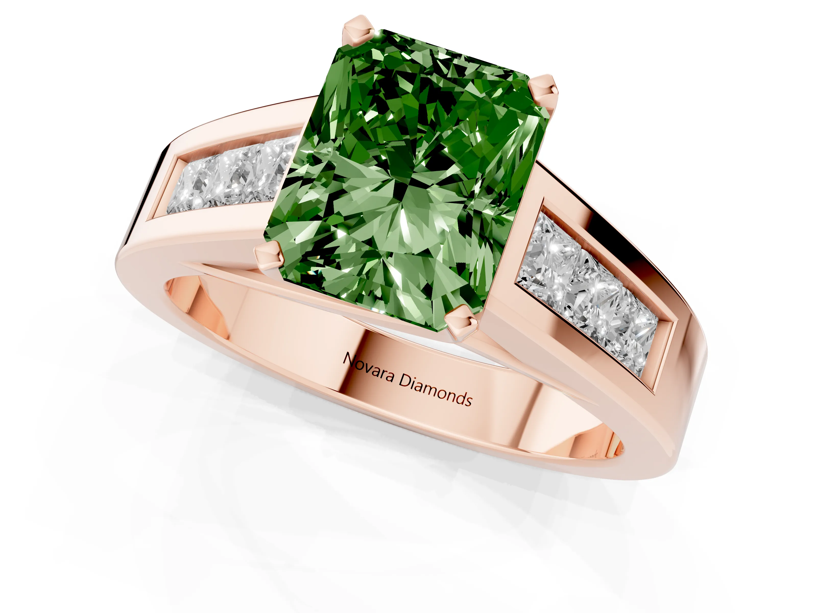 Fancy Green Radiant Cut Diamond Solitaire Ring Set in Rose gold with Channel-Set Accent Stones and Prong Setting