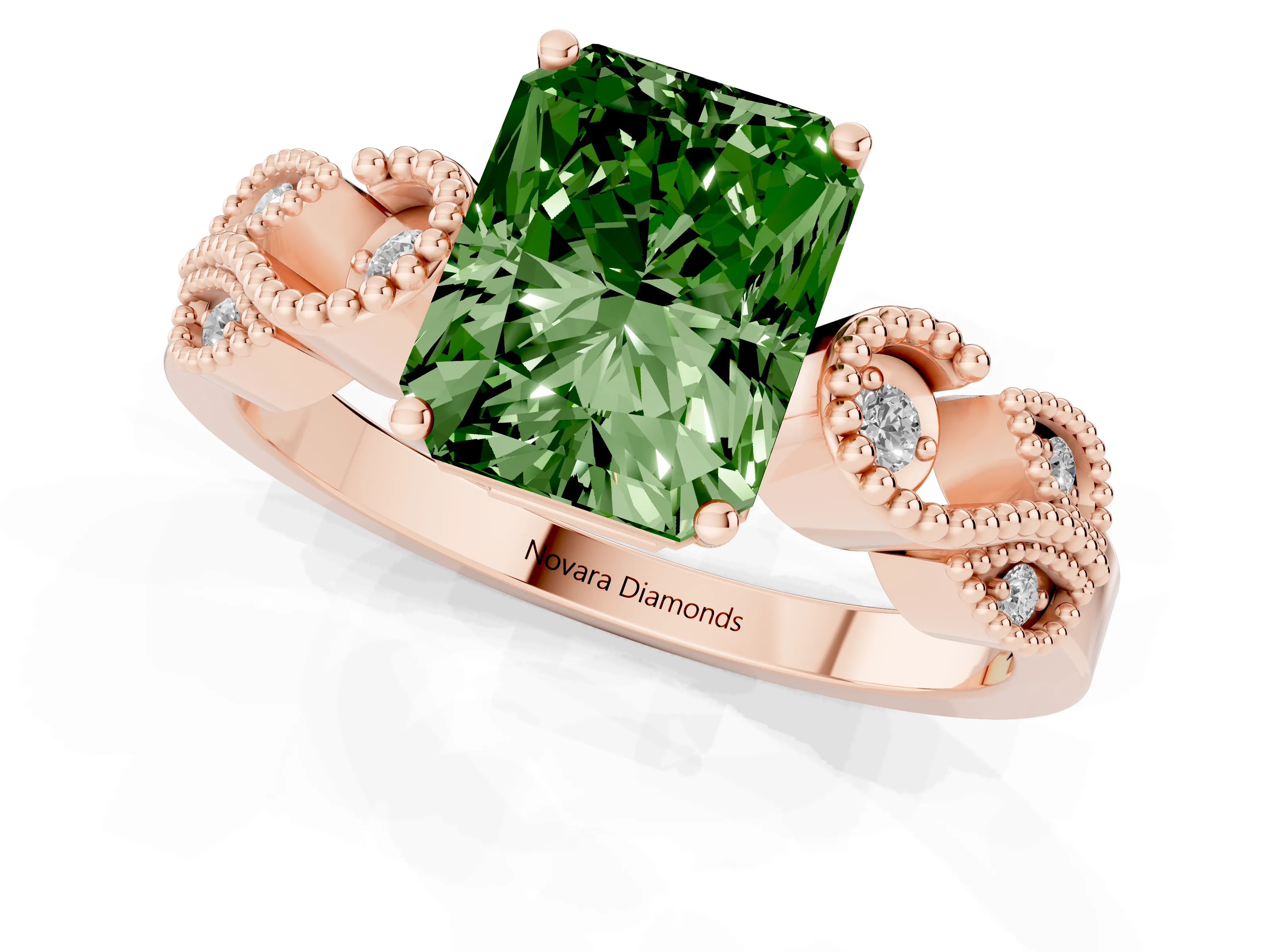 Fancy Green Radiant Cut Diamond Milgrain Leaf Band Solitaire Ring Set in Rose gold with Accent Stones and Prong Setting