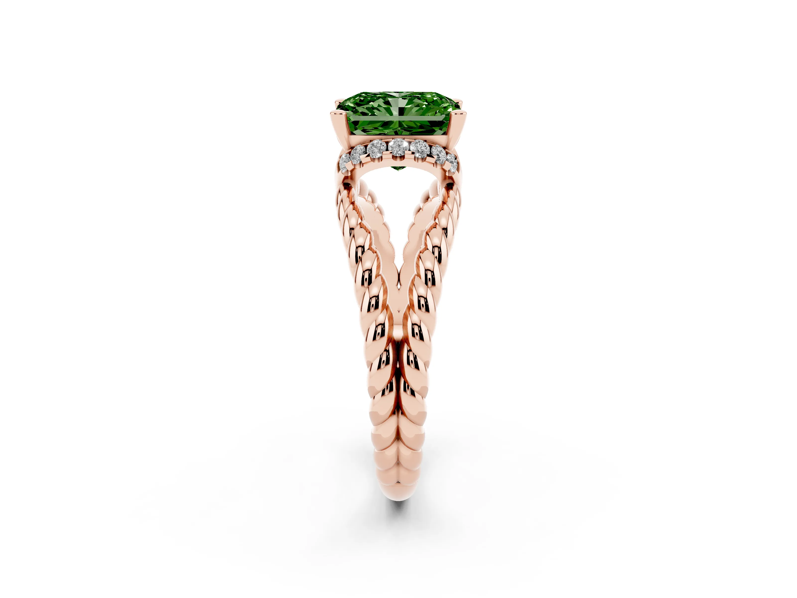 Fancy Green Radiant Cut Diamond Halo Ring Set in Rose gold with Twisted Band and Prong Setting