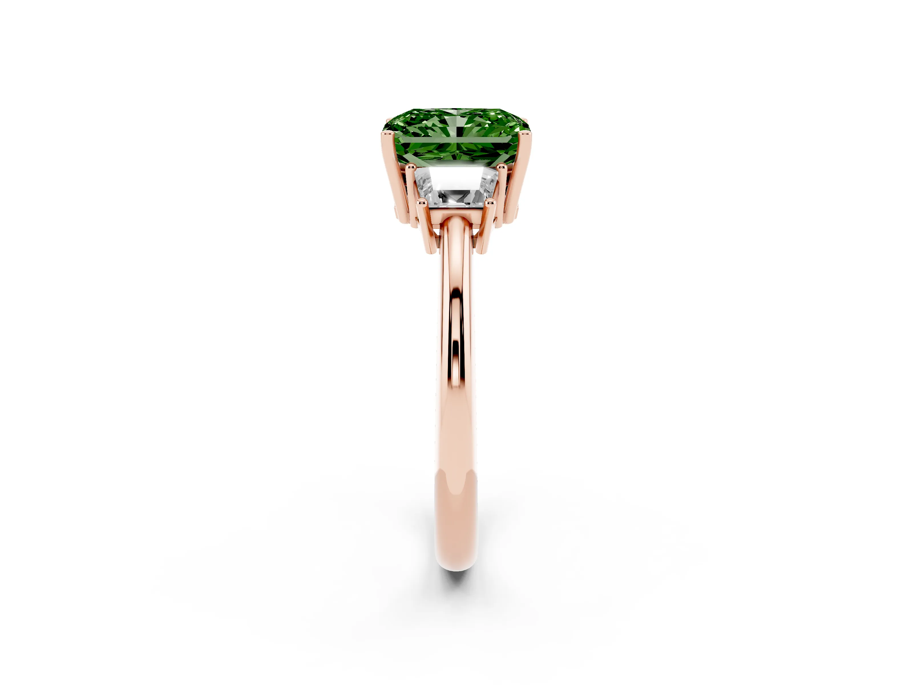 Fancy Green Radiant Cut Diamond Three-Stone Ring Set in Rose gold with Trapezoid Side Stones and Prong Setting