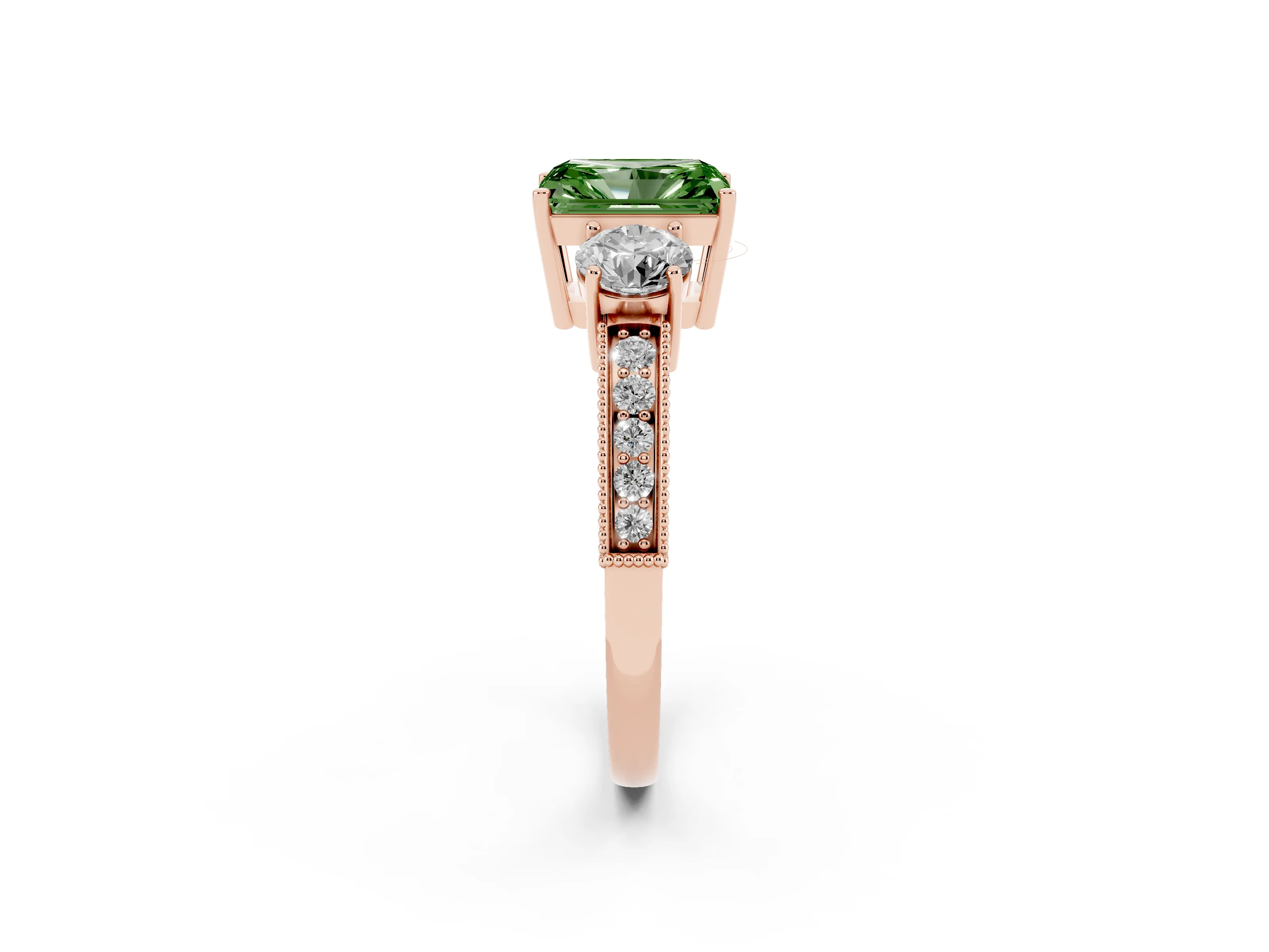 Fancy Green Radiant Cut Diamond Three-Stone Ring Set in Rose gold with Round Side Stones and Pavé Band
