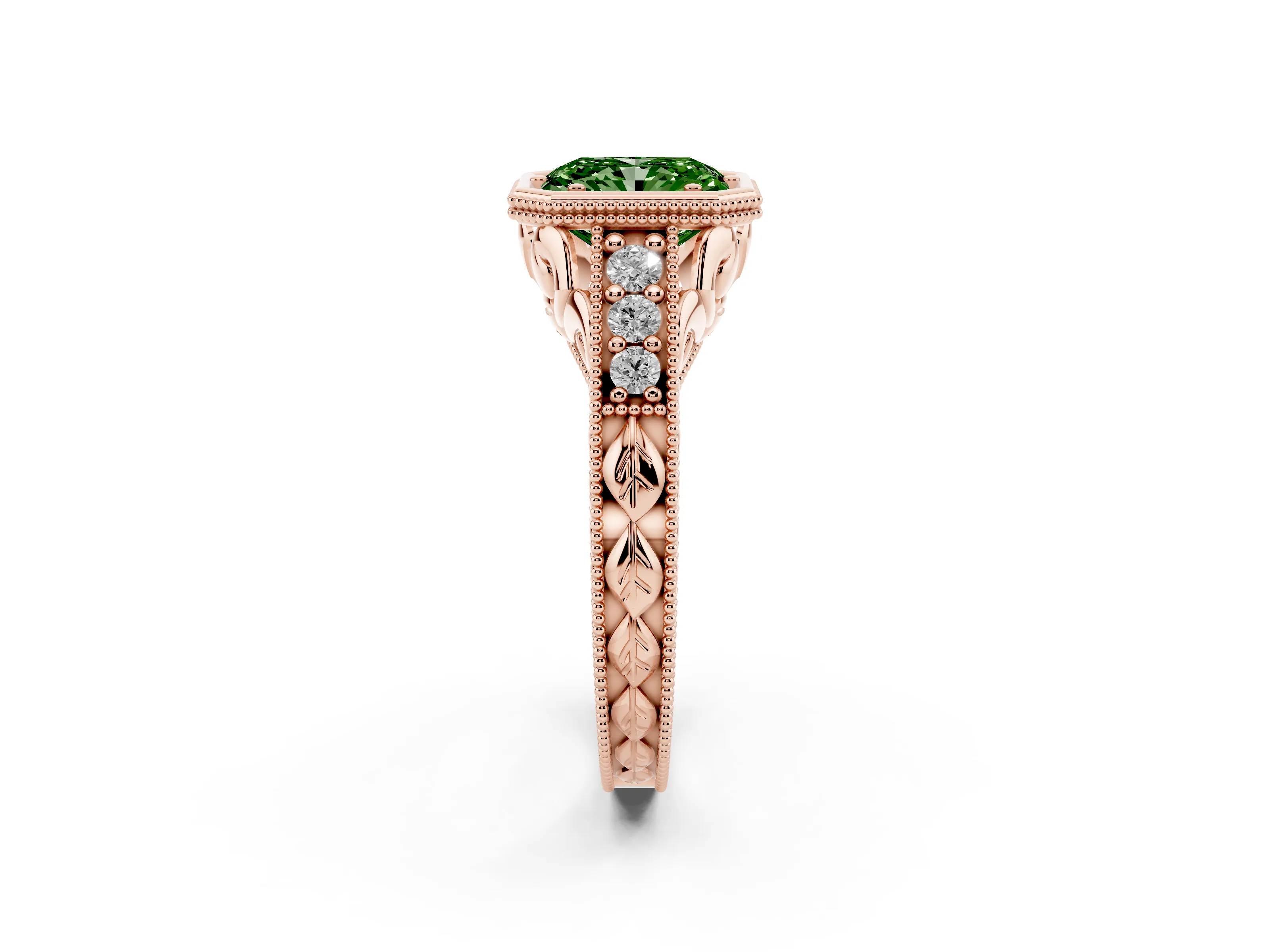 Fancy Green Bezel Set Radiant Cut Diamond Milgrain Pavé Engagement Ring Set in Rose gold