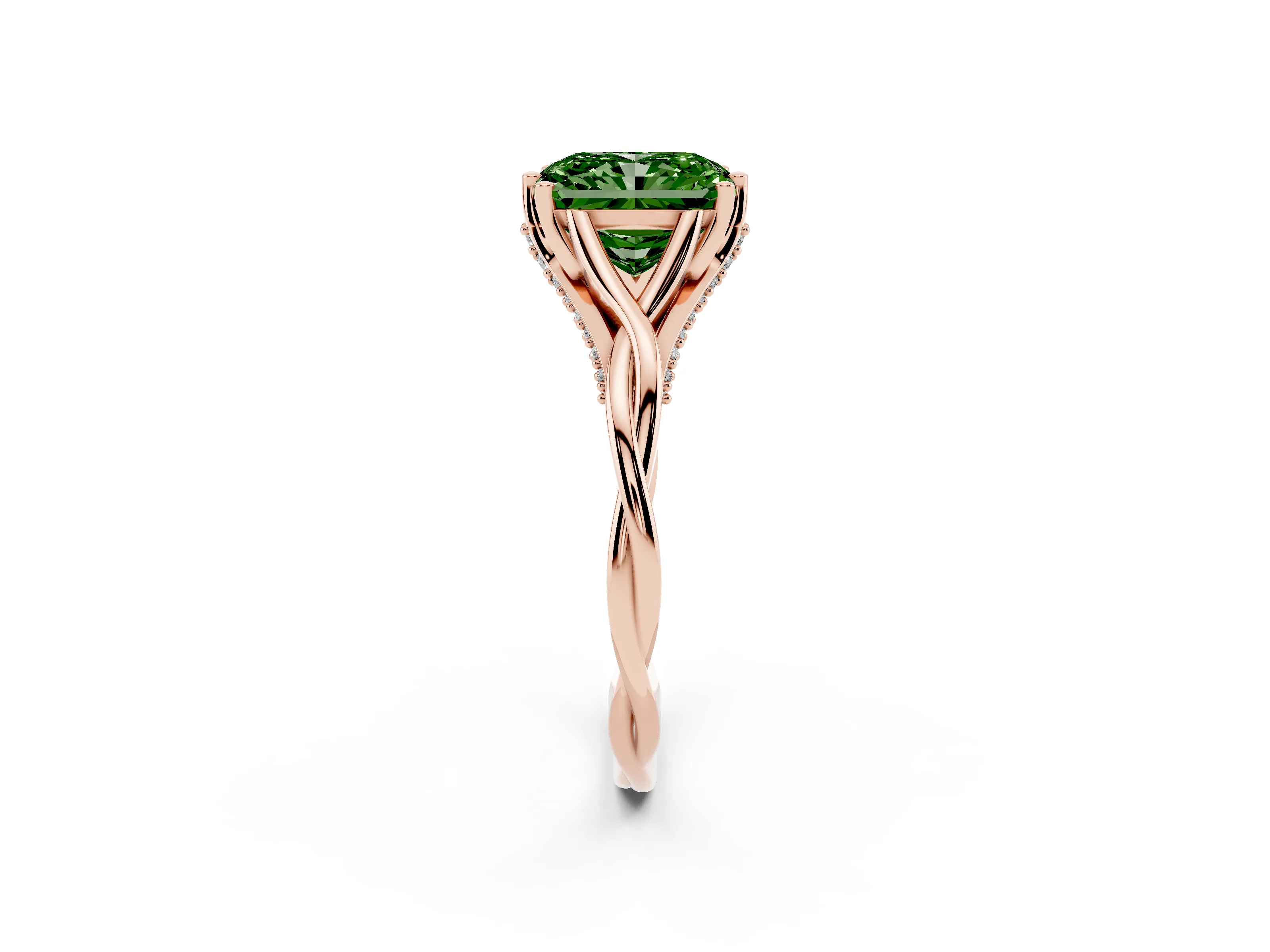 Fancy Green Radiant Cut Diamond Intertwined Twist Band Solitaire Ring Set in Rose gold with Prong Setting