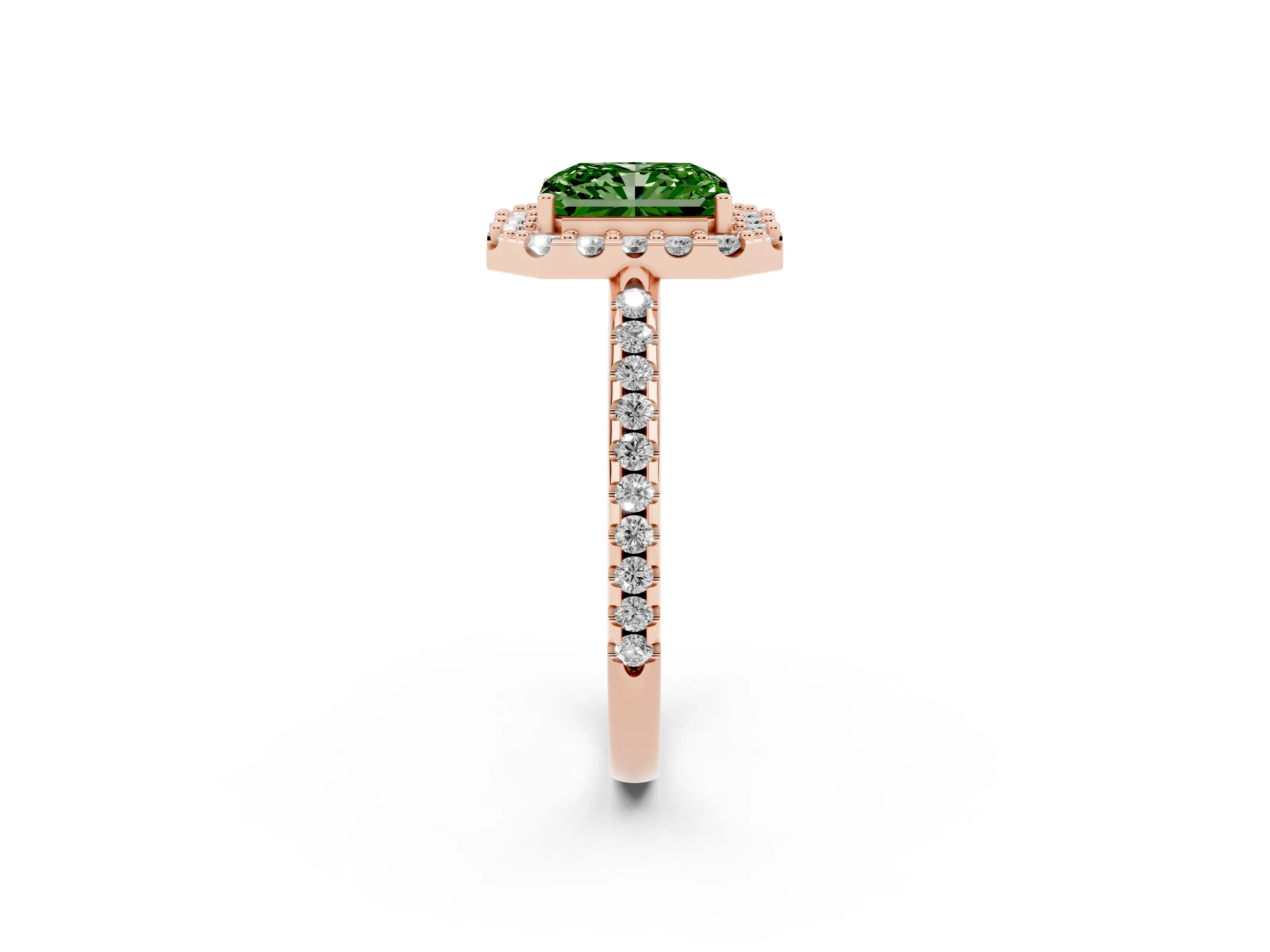 Fancy Green Radiant Cut Diamond Pavé Halo Ring Set in Rose gold with Prong Setting