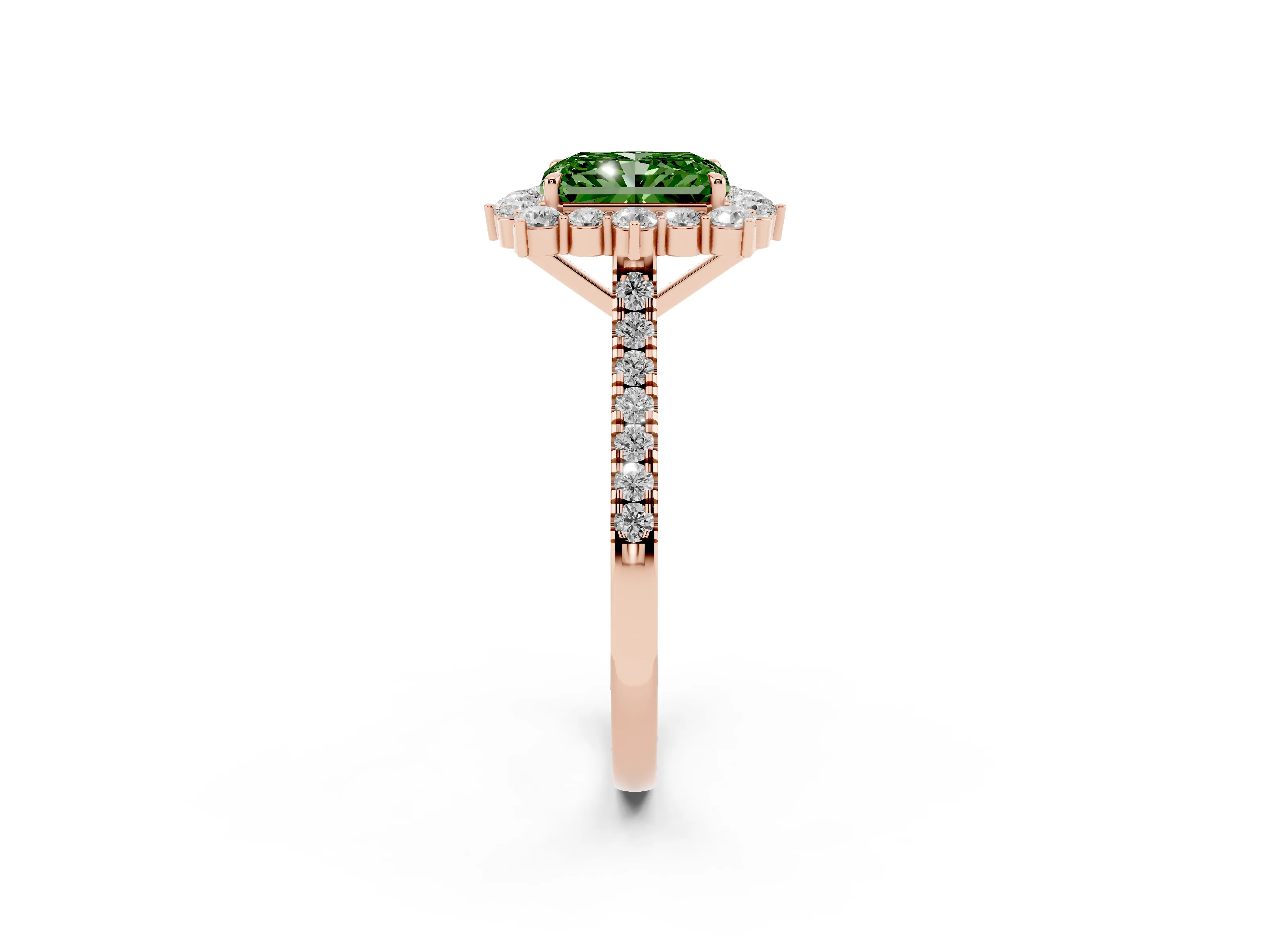 Fancy Green Radiant Cut Diamond Halo Ring Set in Rose gold with Pavé Band and Prong Setting