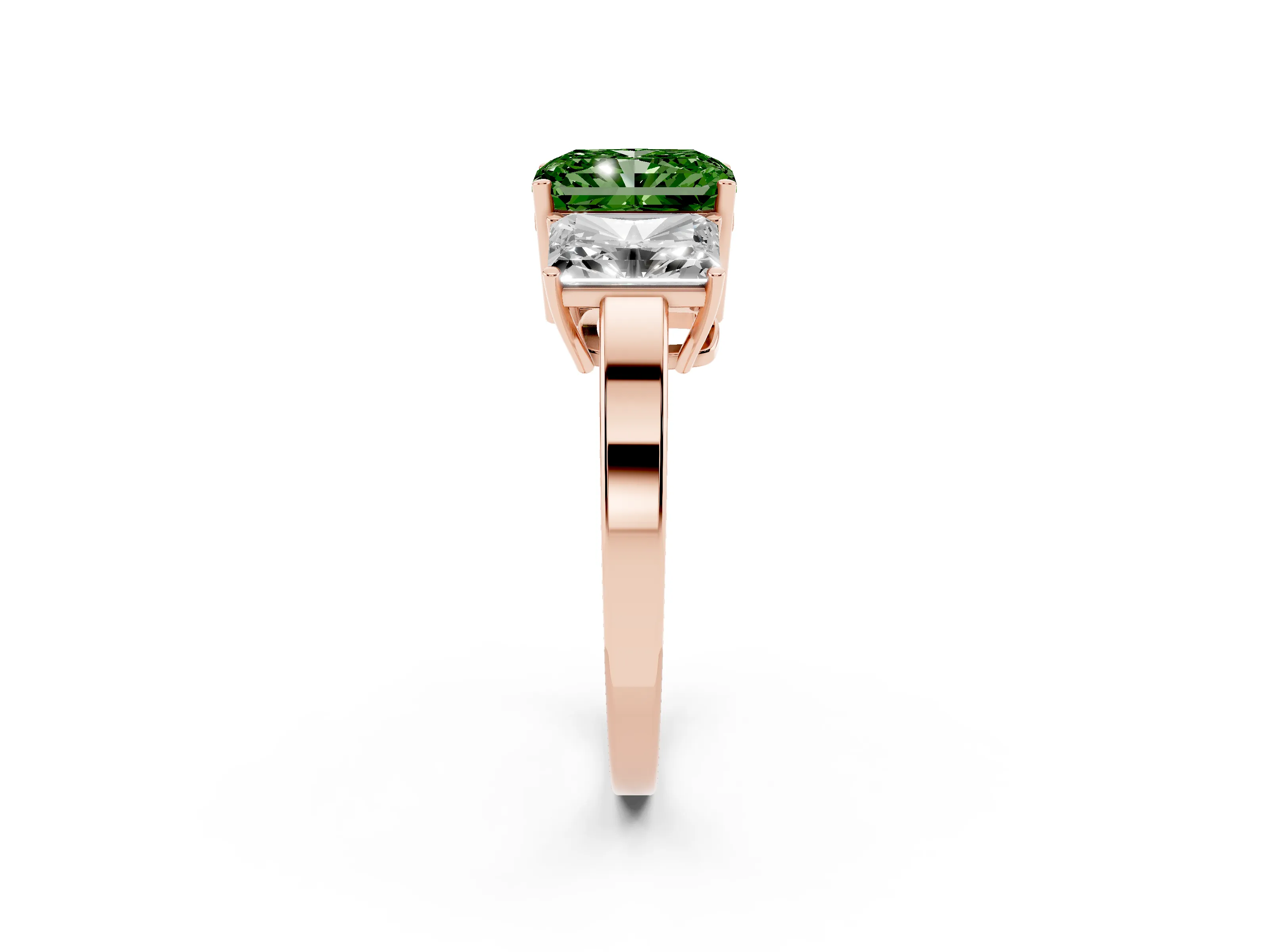 Fancy Green Radiant Cut Diamond Three-Stone Engagement Ring Set in Rose gold with Flat Band