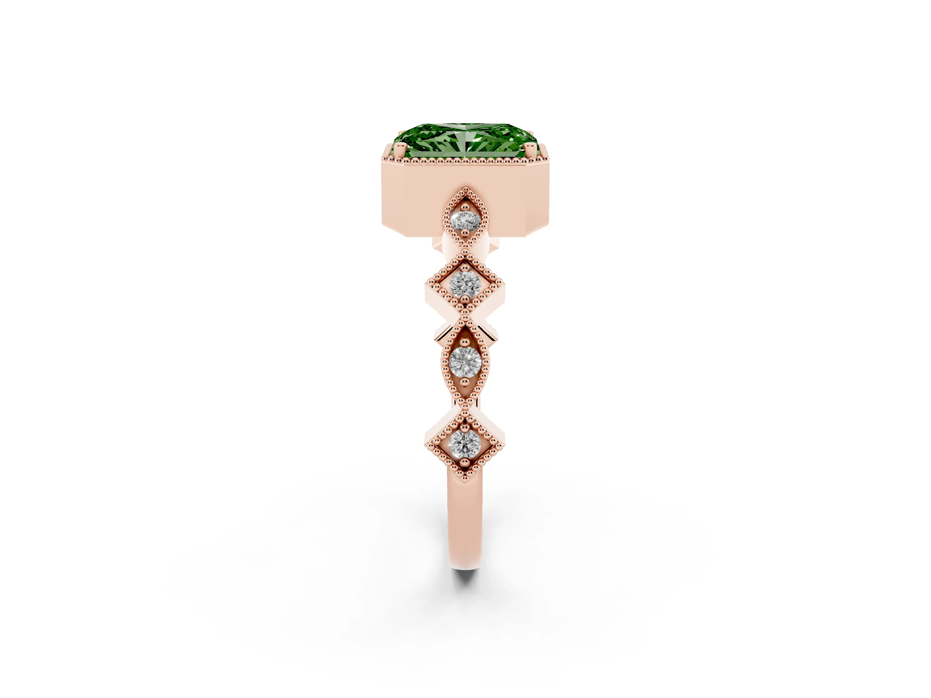 Fancy Green Radiant Cut Diamond Milgrain Marquise Twist Band Ring Set in Rose gold with Prong Setting