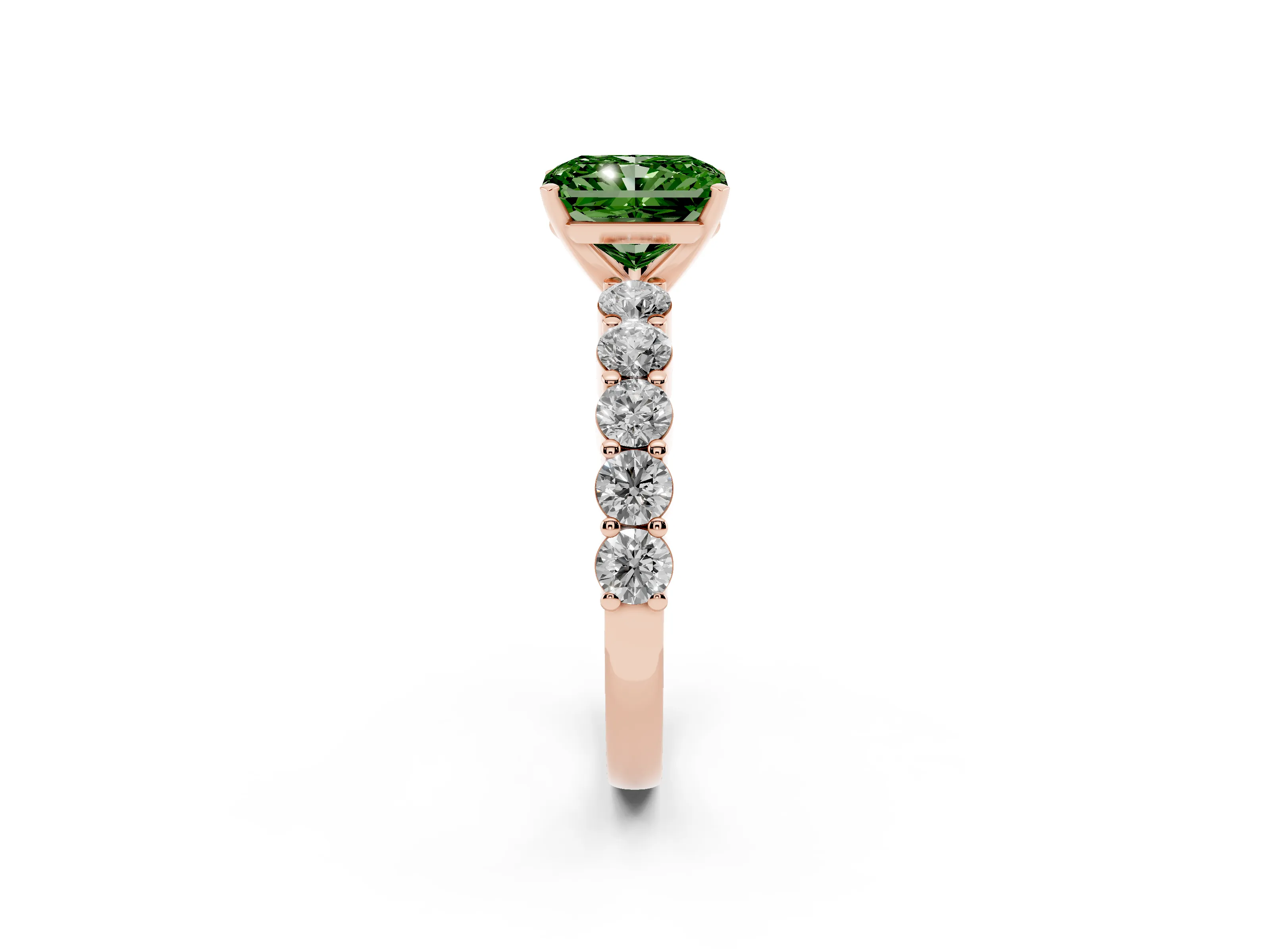 Fancy Green Radiant Cut Diamond Solitaire Ring Set in Rose gold with Shared Prong Round Side Stones