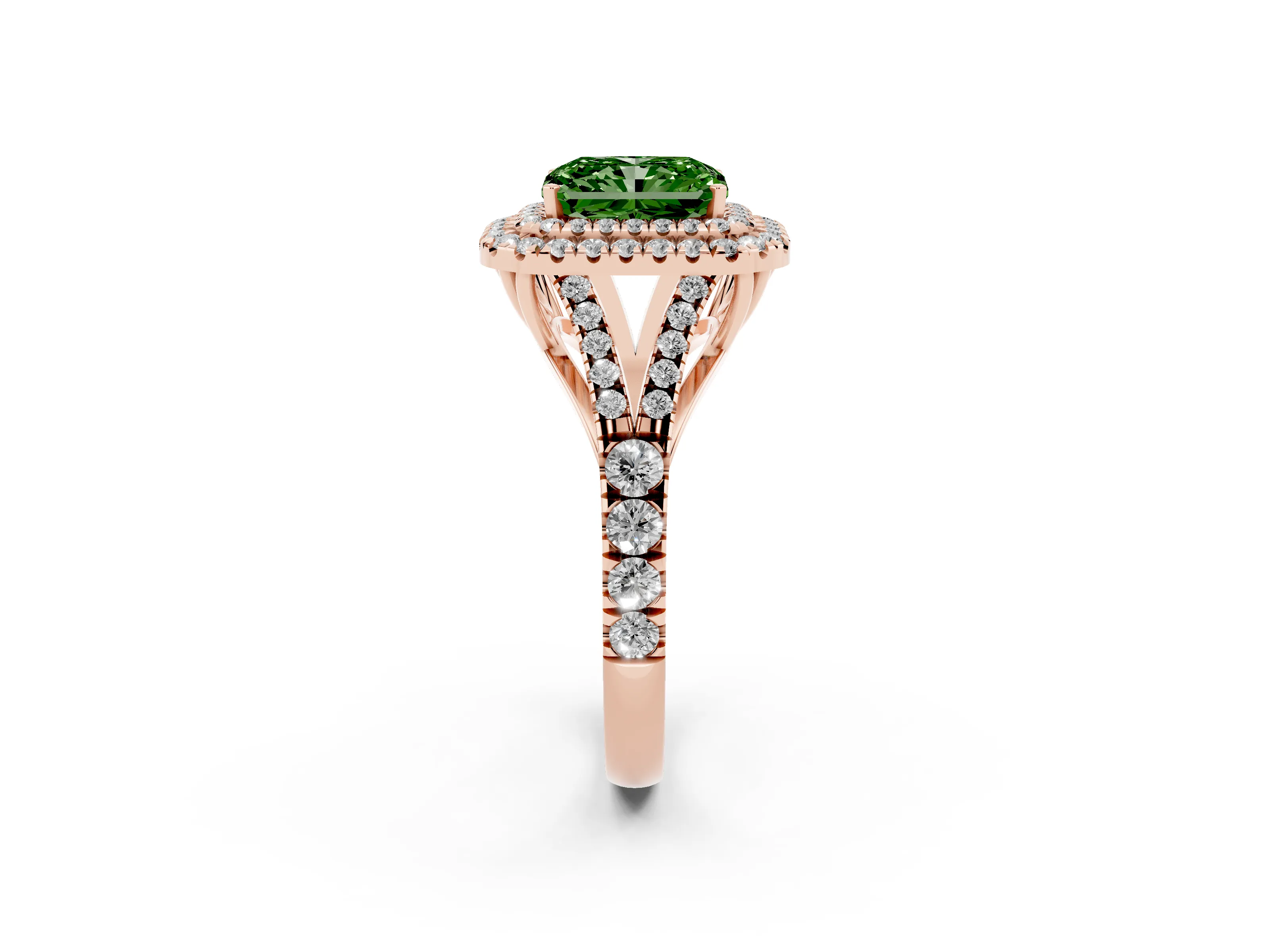Fancy Green Radiant Cut Diamond Pavé Split Shank Double Halo Engagement Ring Set in Rose gold