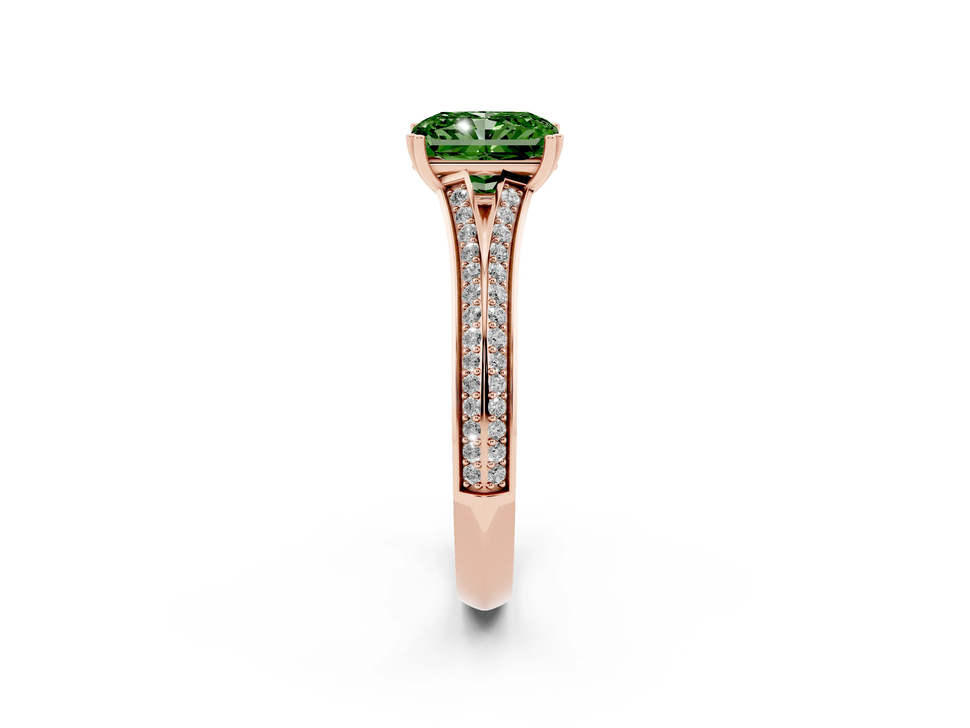 Fancy Green Radiant Cut Diamond Split Shank Pavé Engagement Ring Set in Rose gold with Prong-Set Center Stone