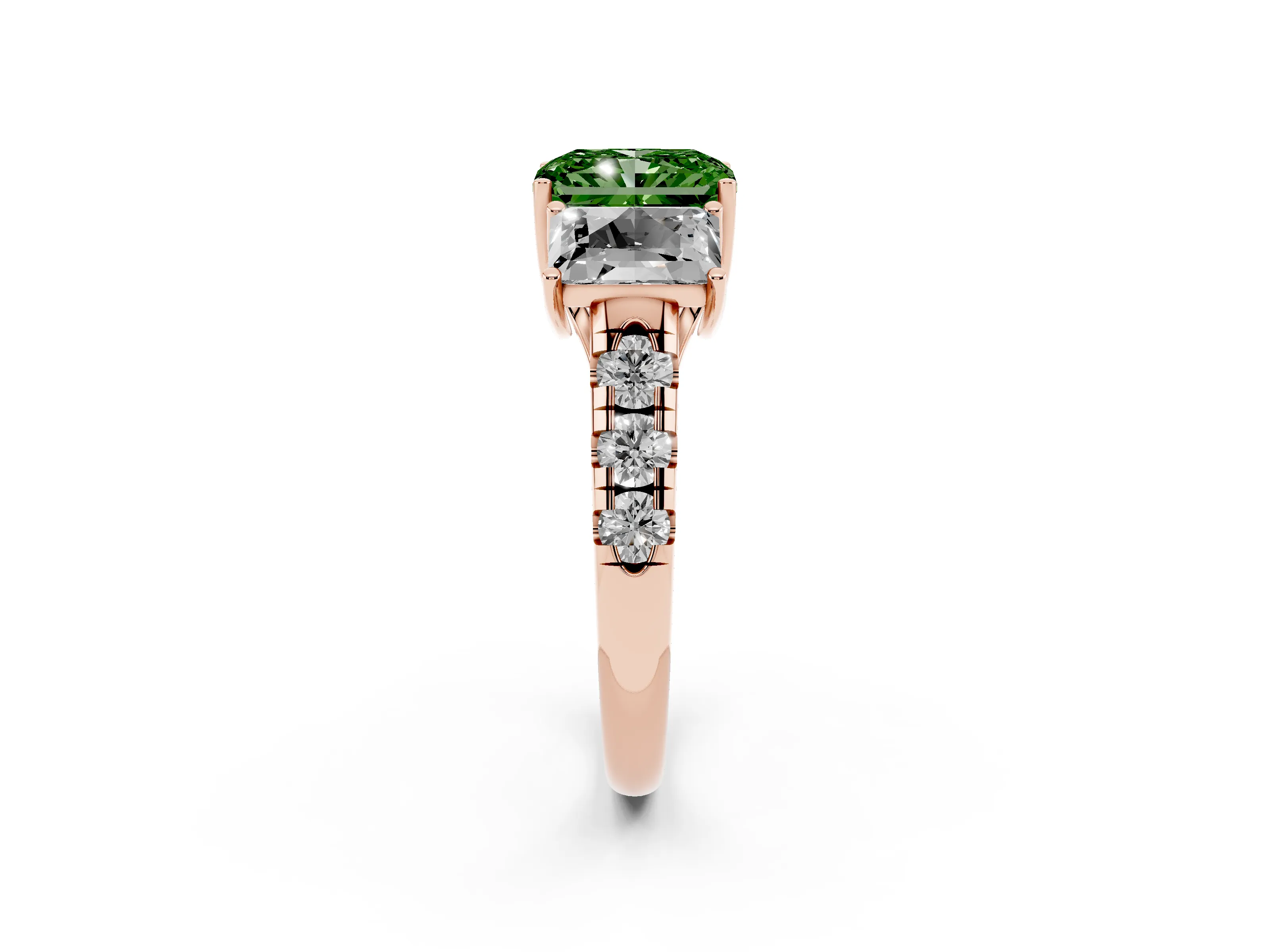 Fancy Green Radiant Cut Diamond Three-Stone Ring Set in Rose gold with Pavé Band