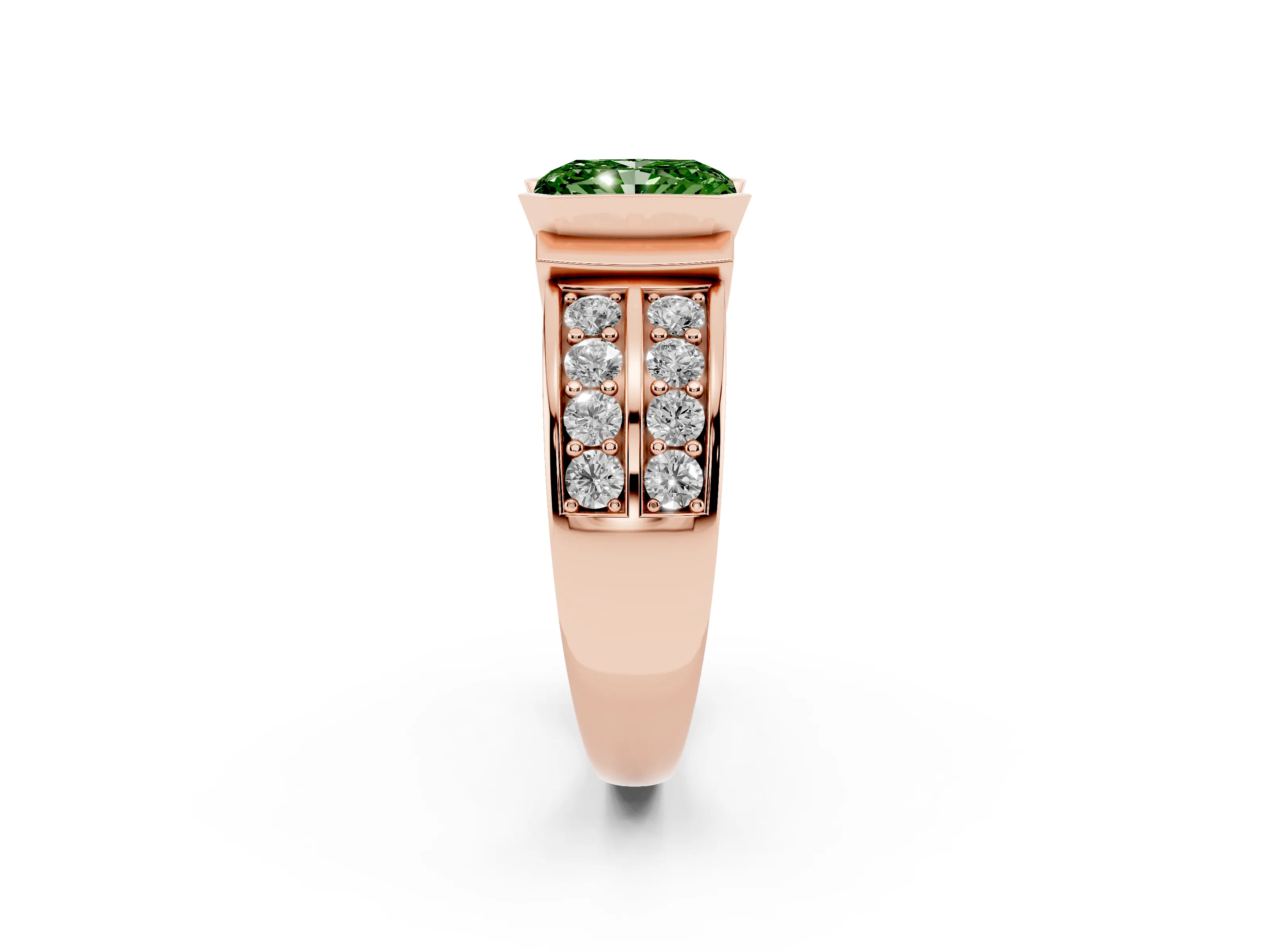 Fancy Green Radiant Cut Diamond Wide Channel Set Band Ring Set in Rose gold with Bezel Setting