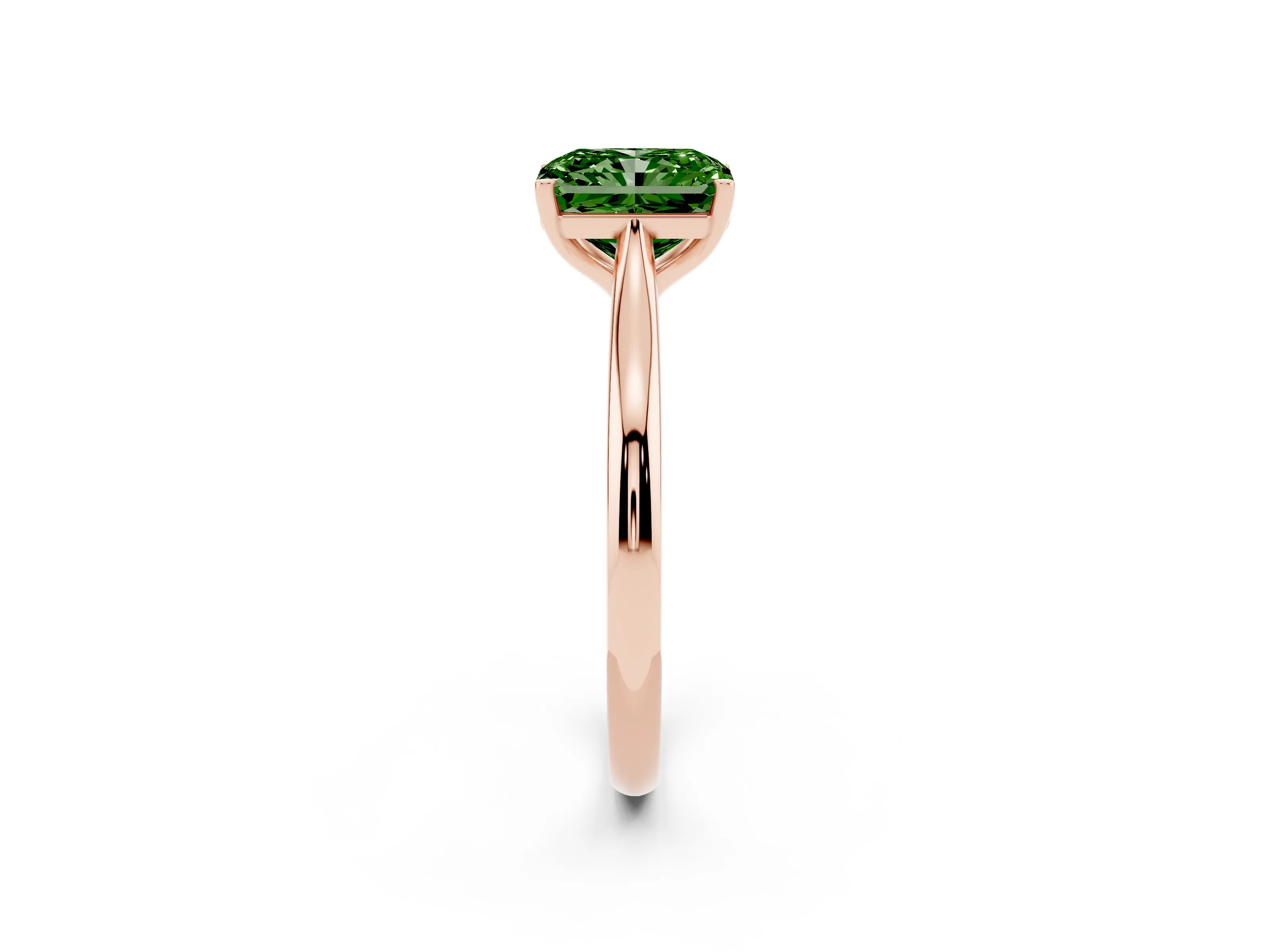 Fancy Green Radiant Cut Diamond Solitaire Ring Set in Rose gold with Cathedral Band and Prong Setting