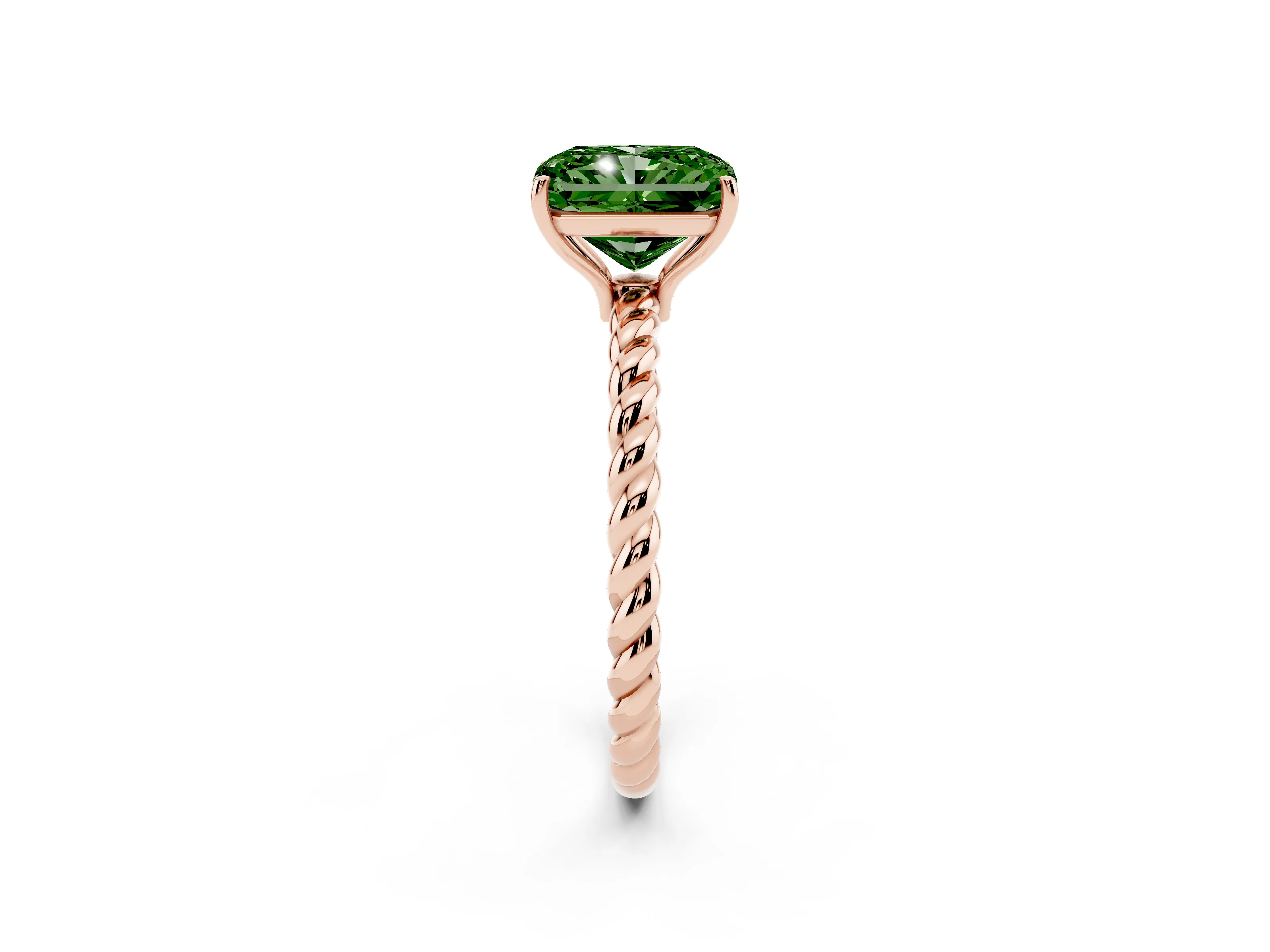 Fancy Green Radiant Cut Diamond Solitaire Ring Set in Rose gold with Twist Band and Prong Setting