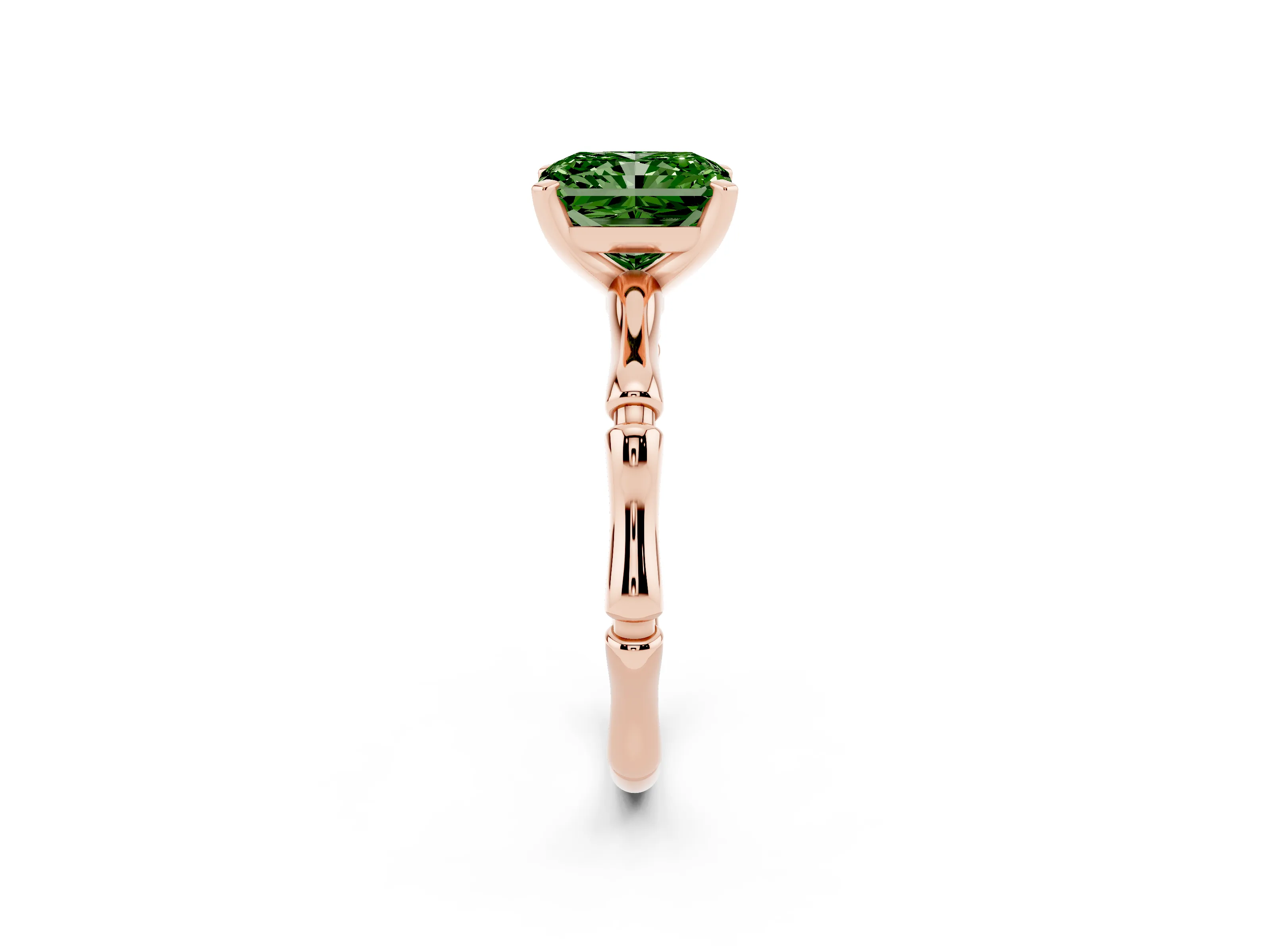 Fancy Green Radiant Cut Diamond Solitaire Ring Set in Rose gold with Bamboo Band and Prong Setting