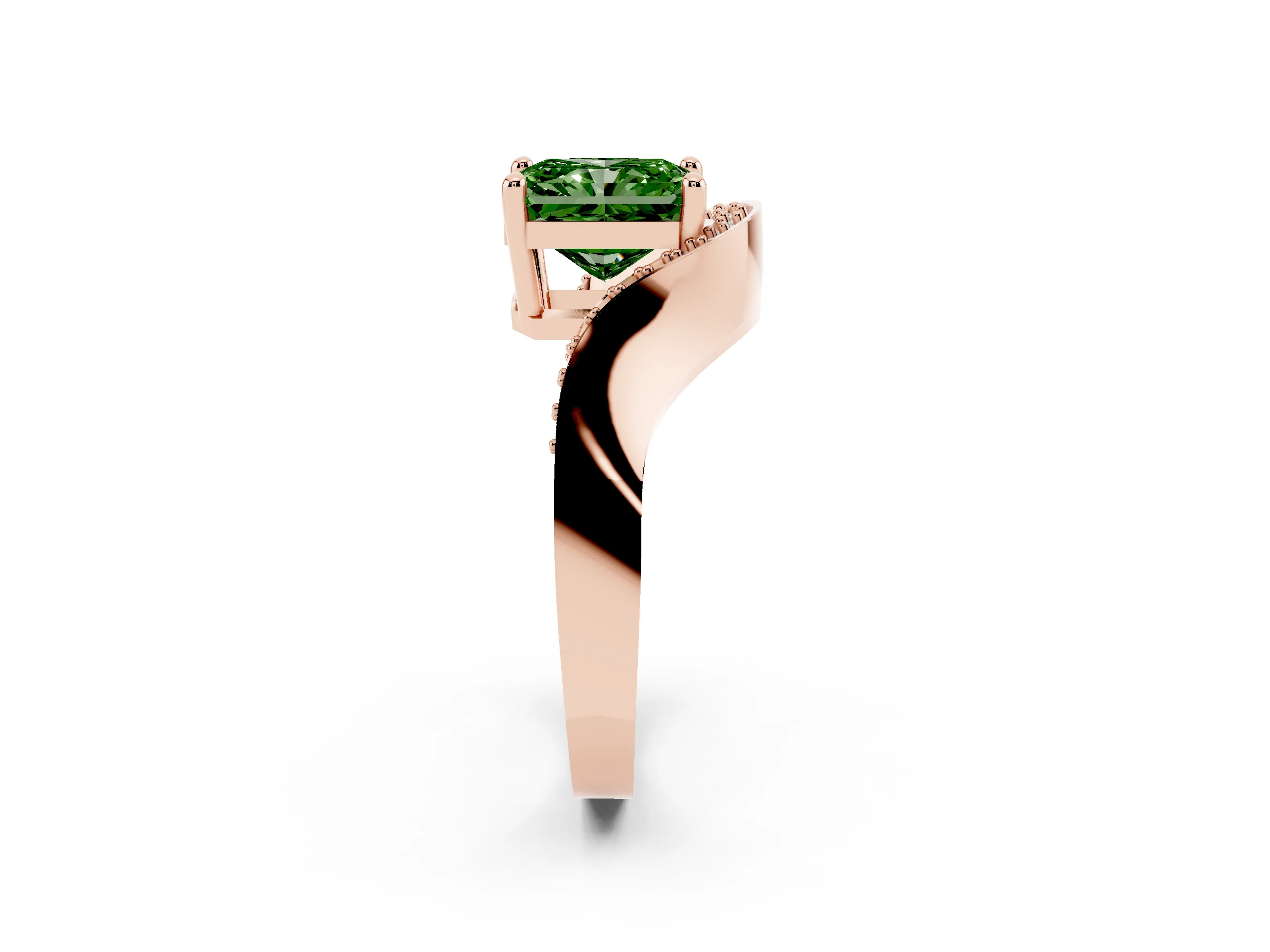 Fancy Green Radiant Cut Diamond Solitaire Engagement Ring Set in Rose gold with Pavé Shoulders