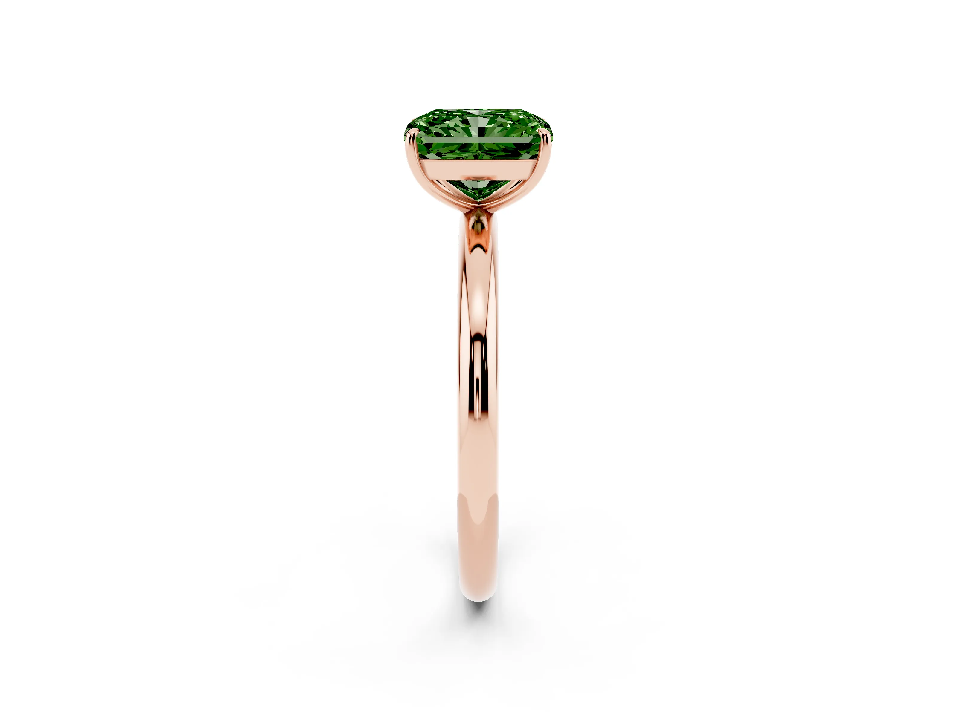 Fancy Green Radiant Cut Diamond Solitaire Ring Set in Rose gold with Prong Setting on a Polished Plain Band