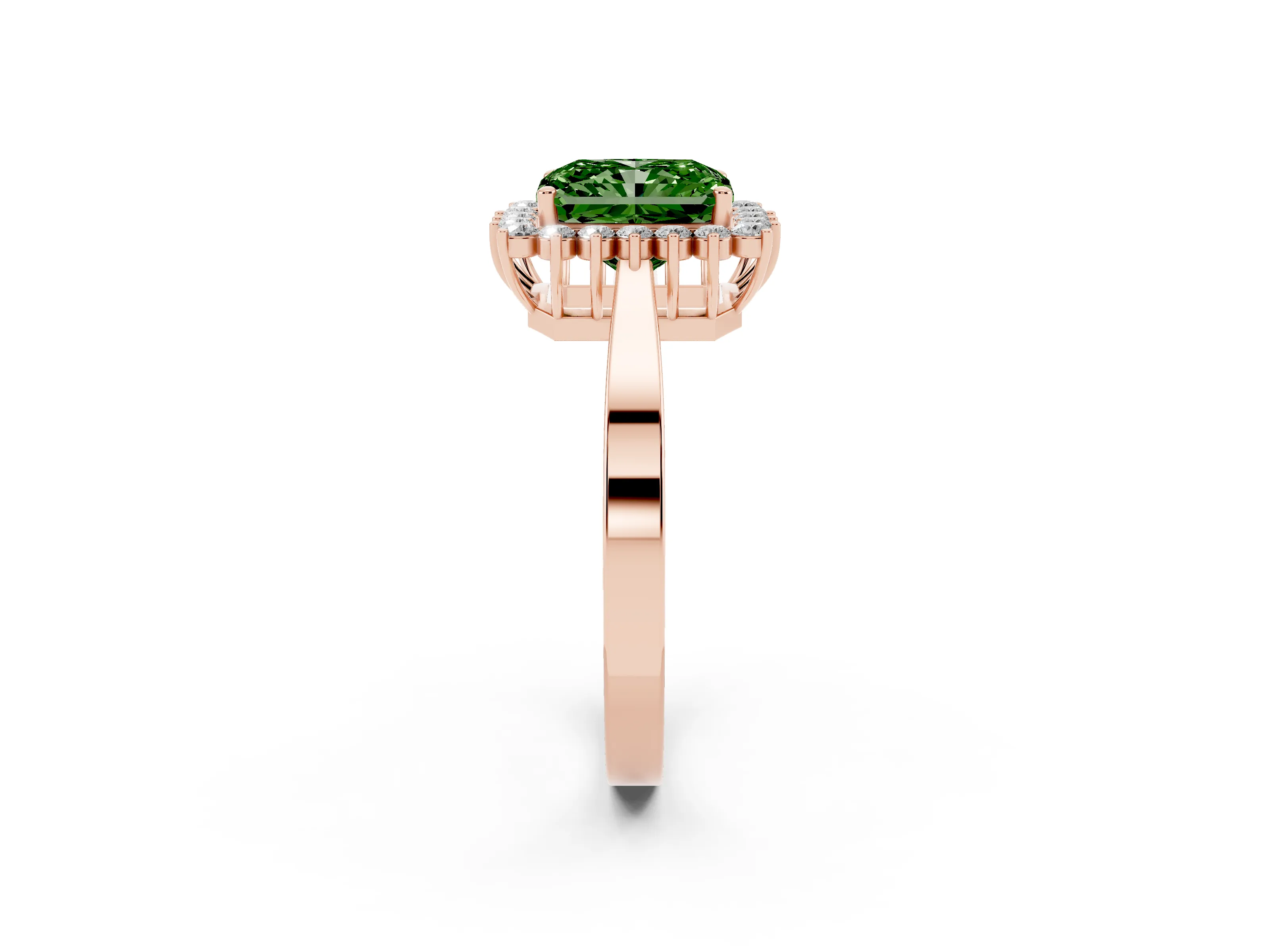 Fancy Green Radiant Cut Diamond Halo Ring Set in Rose gold with Round Halo and Smooth Solitaire Band