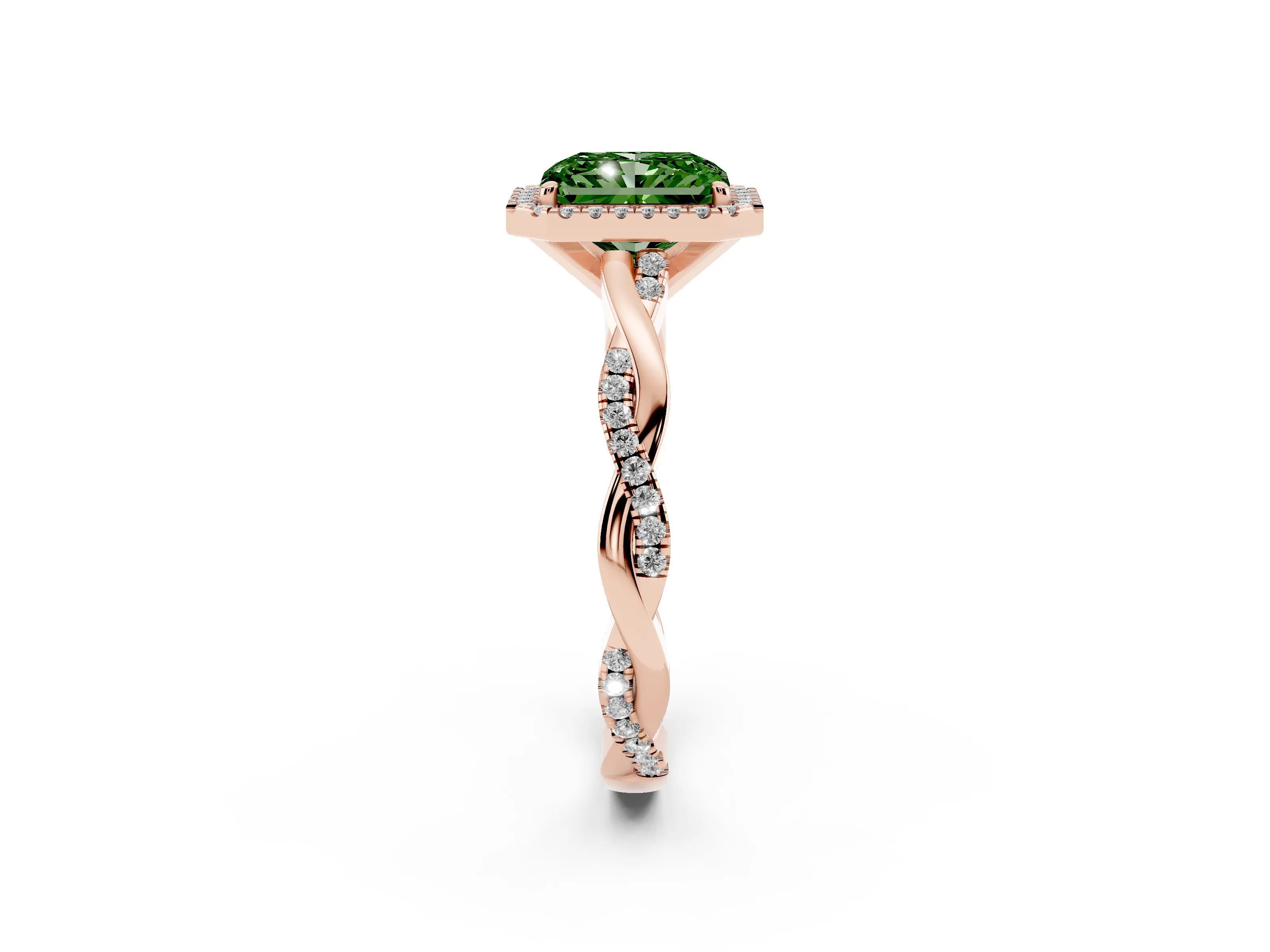 Fancy Green Radiant Cut Diamond Halo Twisted Band Ring Set in Rose gold with Prong Setting