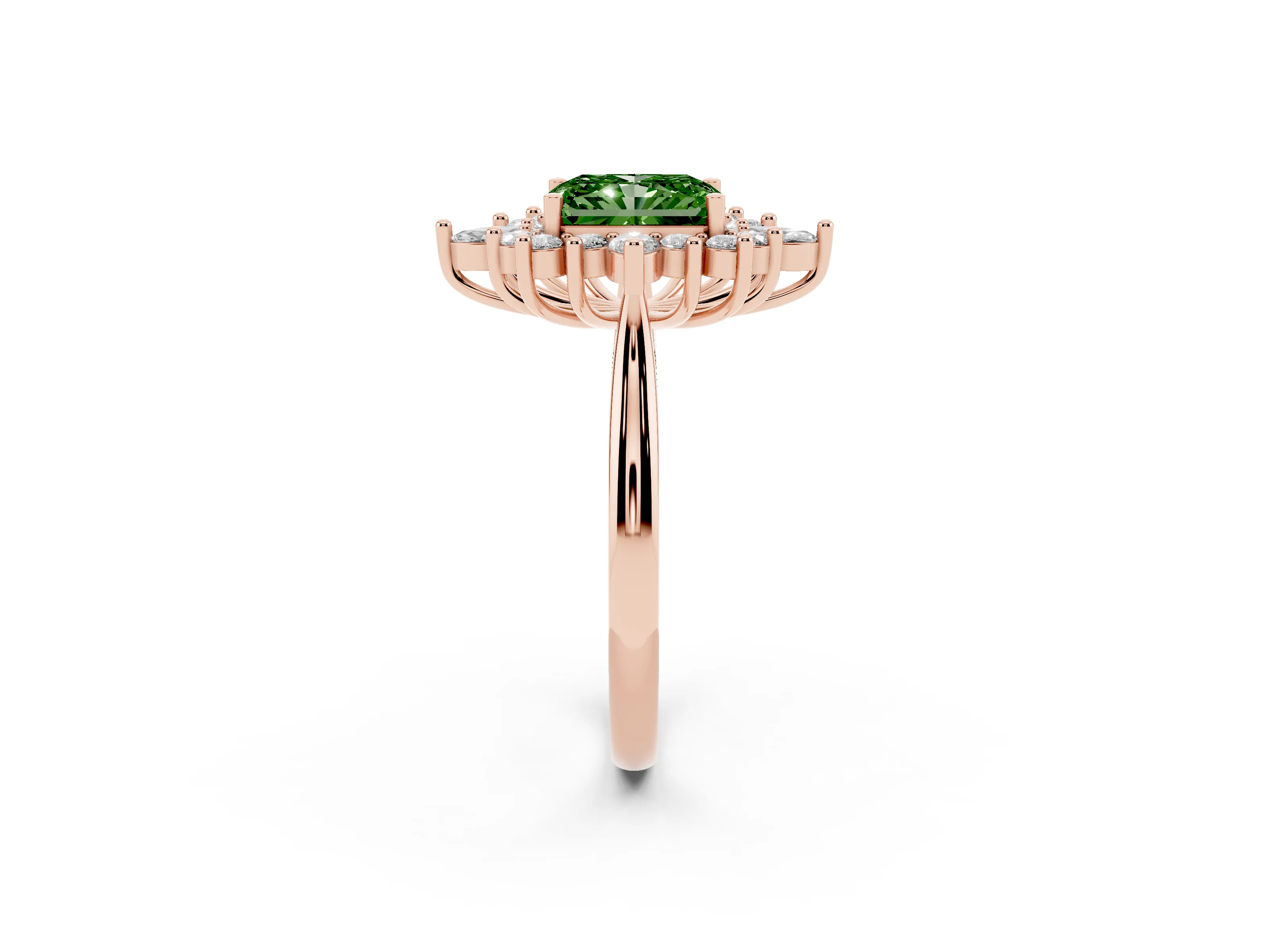 Fancy Green Radiant Cut Diamond Cluster Halo Ring Set in Rose gold with Marquise and Round Accents