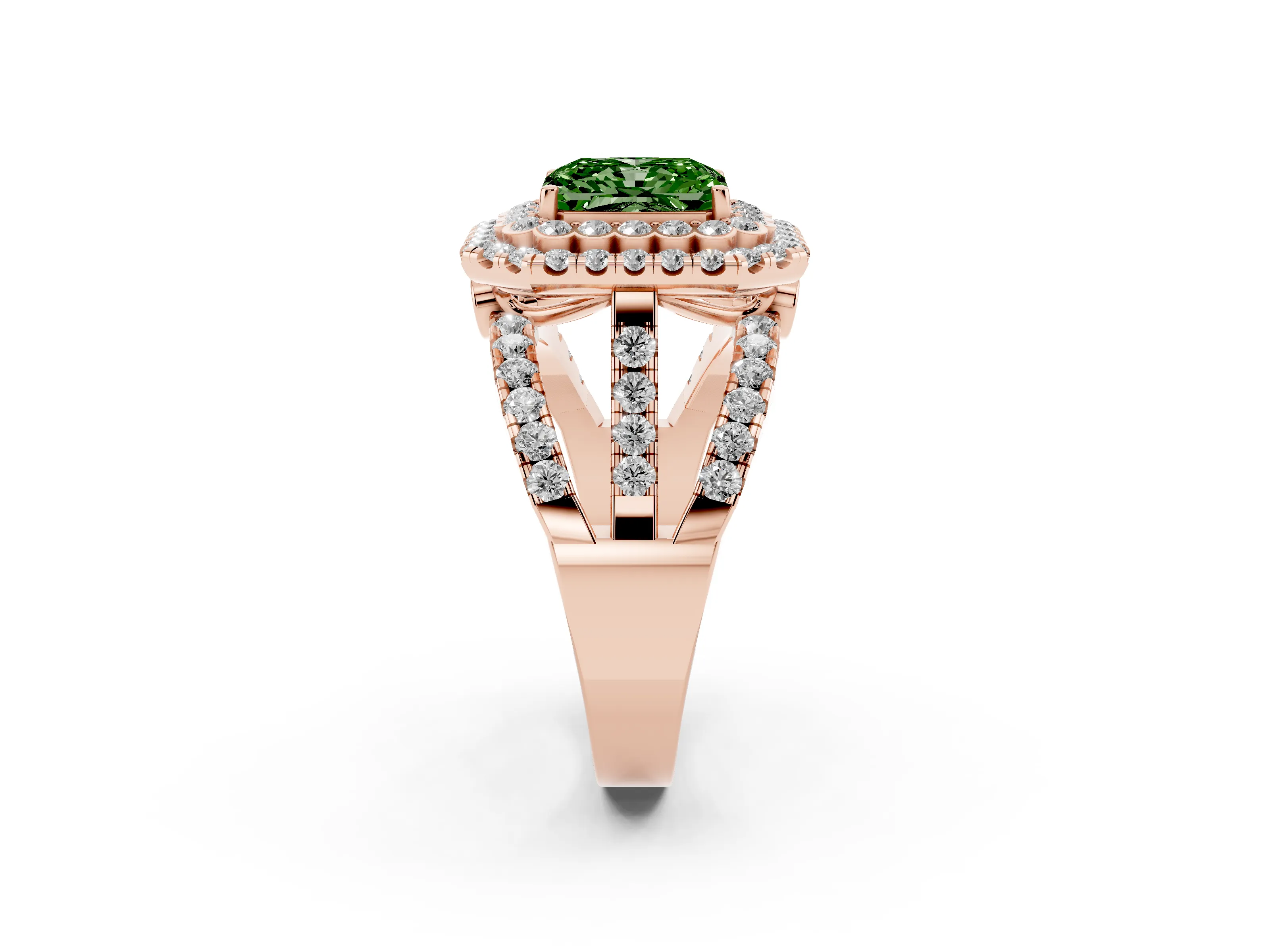 Fancy Green Radiant Cut Diamond Double Halo Ring Set in Rose gold with Round Pavé Split Shank