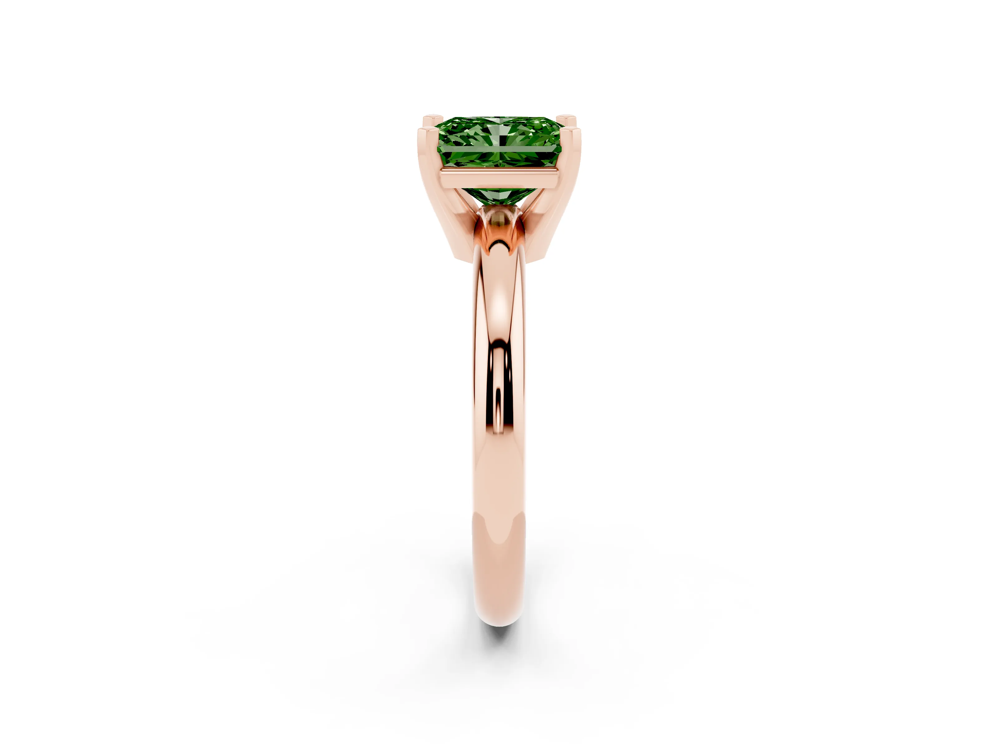 Fancy Green Radiant Cut Diamond Solitaire Engagement Ring Set in Rose gold with Round Band and Prong Setting