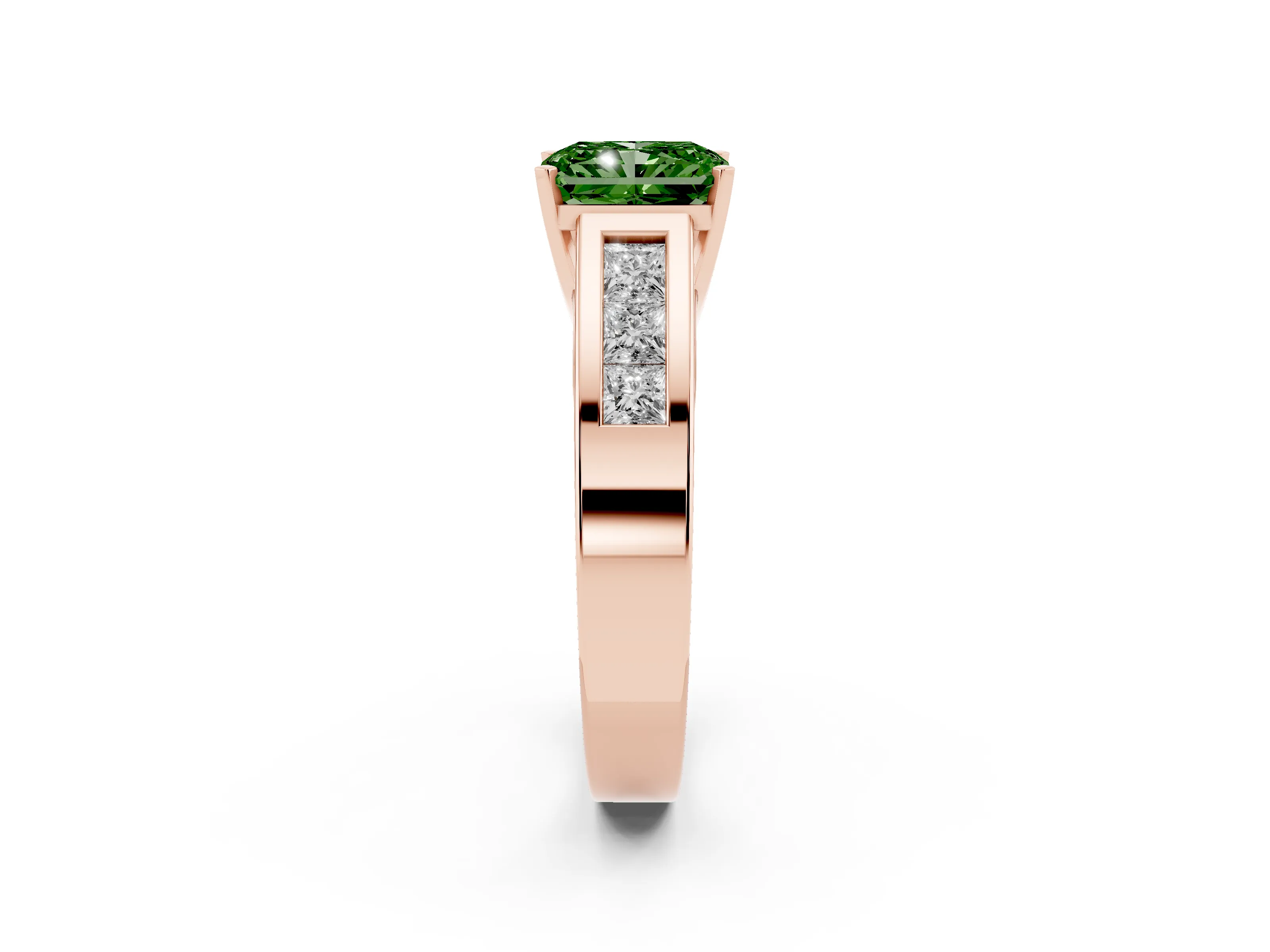 Fancy Green Radiant Cut Diamond Solitaire Ring Set in Rose gold with Channel-Set Accent Stones and Prong Setting