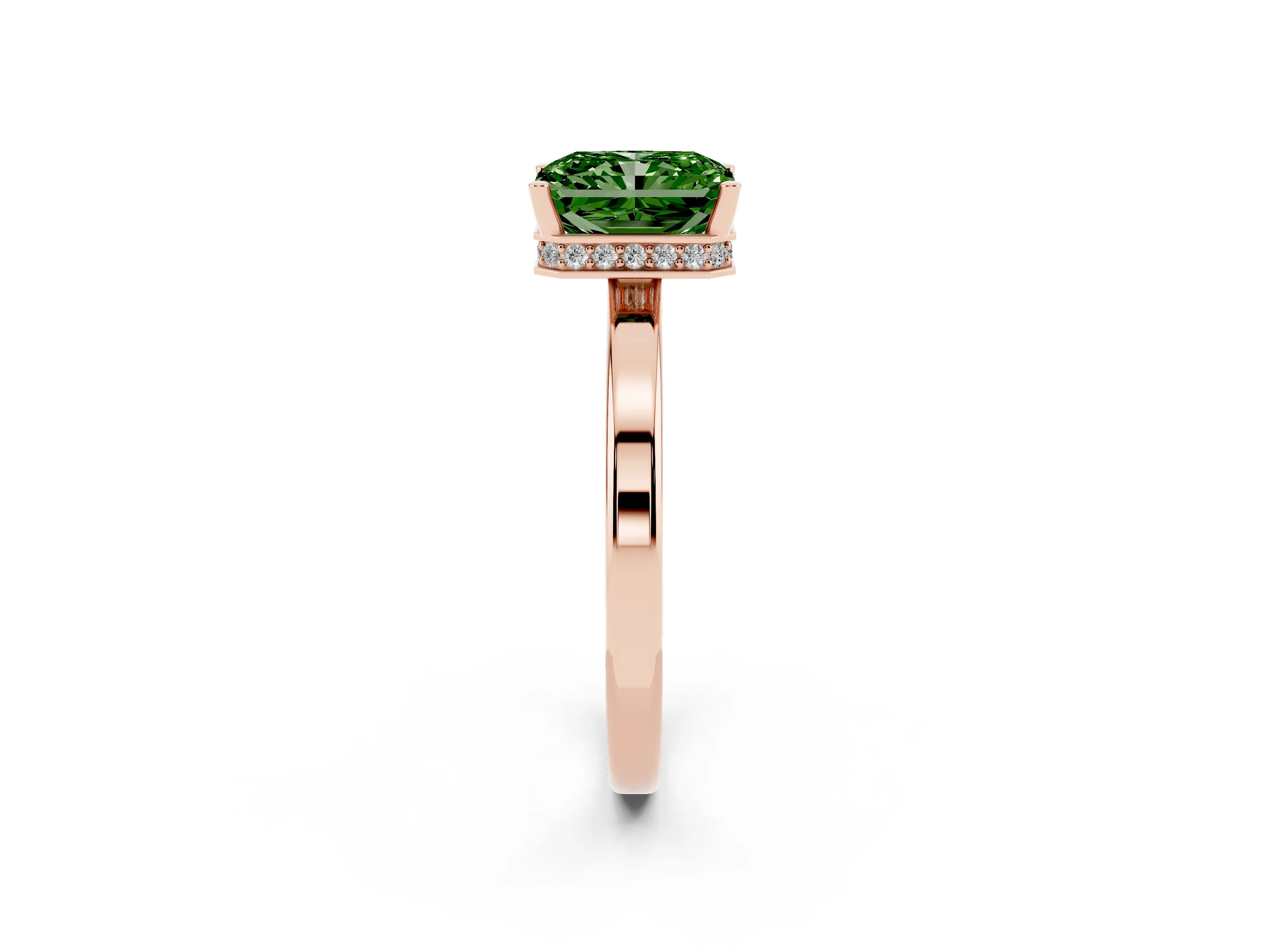 Fancy Green Radiant Cut Diamond Solitaire Engagement Ring Set in Rose gold with Prong Setting on a Plain Band