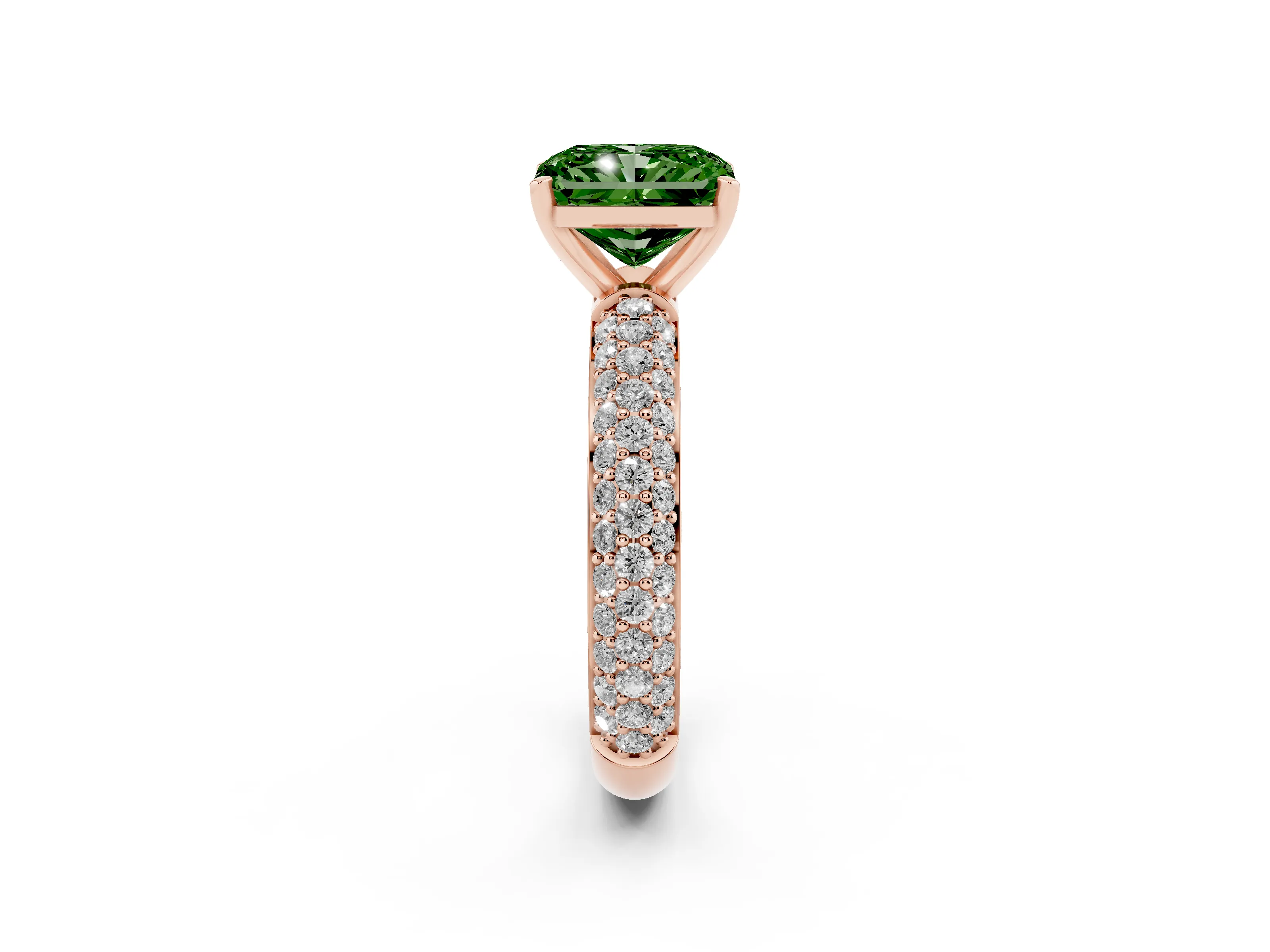 Fancy Green Radiant Cut Diamond Solitaire Ring Set in Rose gold with Prong Setting and Pavé-Set Band