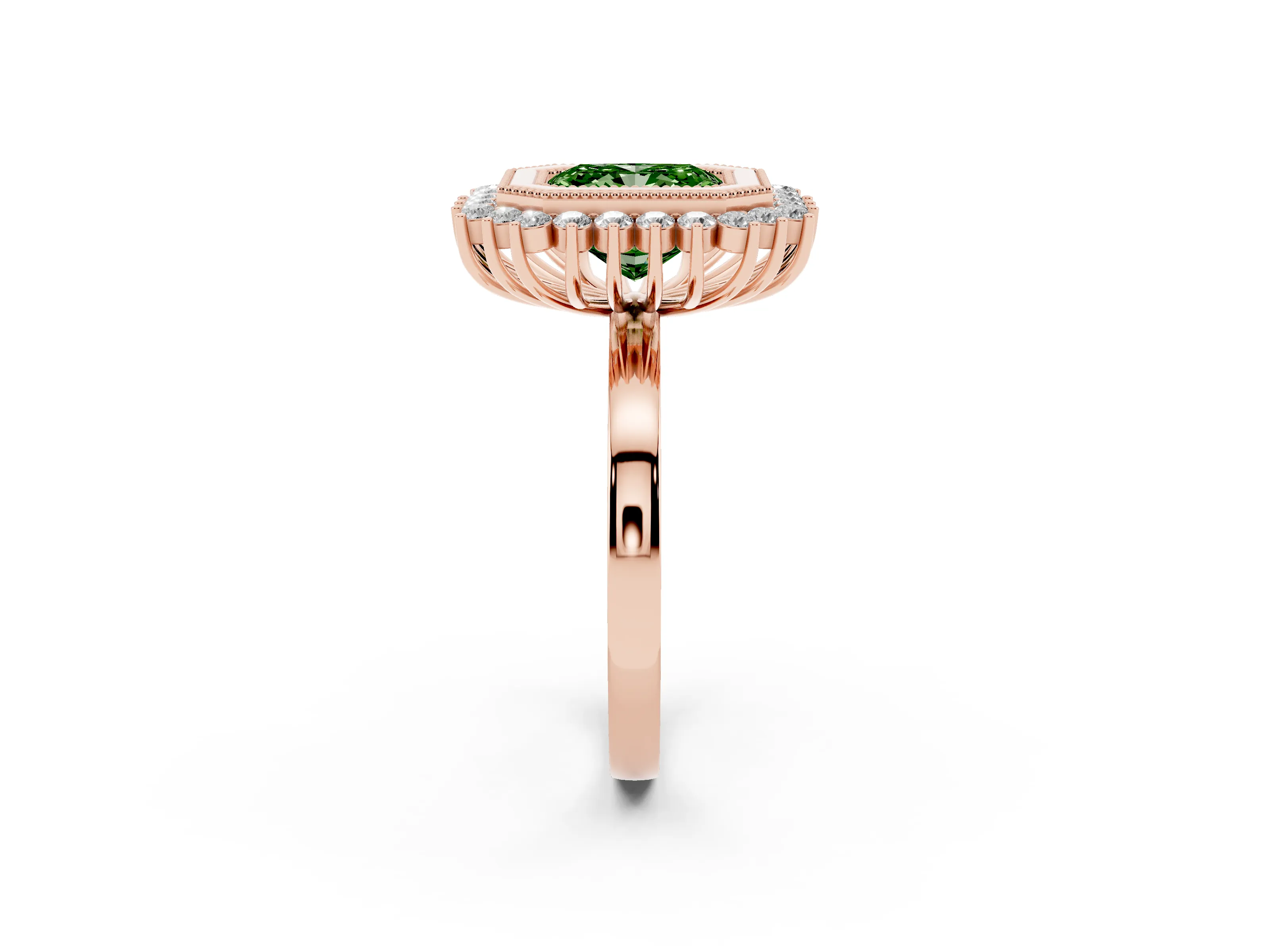 Fancy Green Radiant Cut Diamond Halo Ring Set in Rose gold with Milgrain Edge and Round Prong Setting