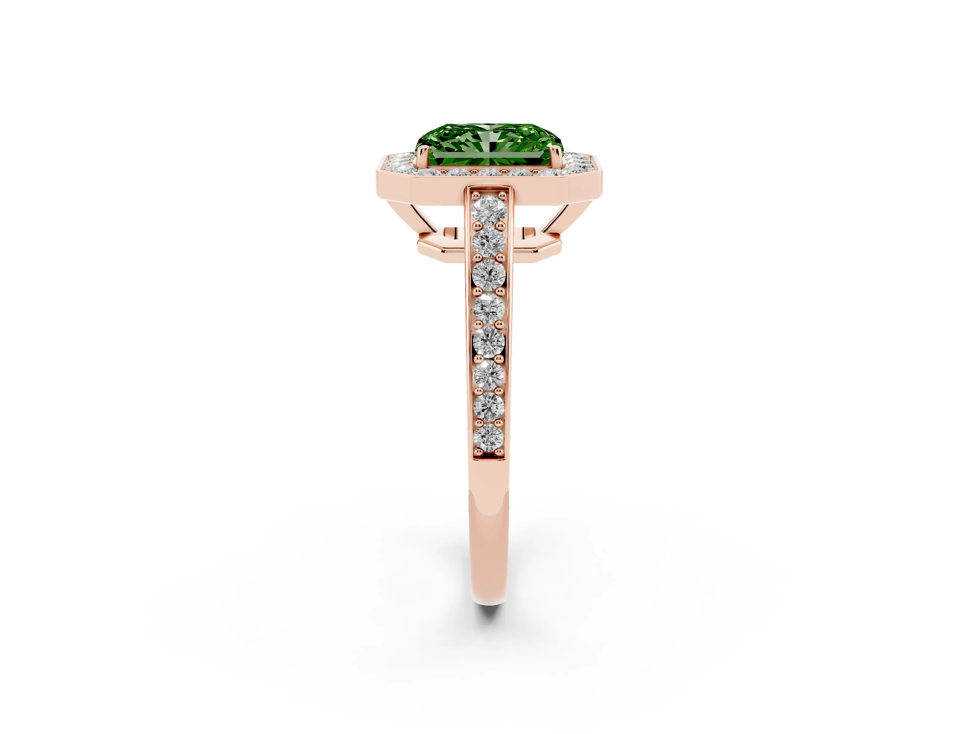 Fancy Green Radiant Cut Diamond Halo Pavé Engagement Ring Set in Rose gold with Bezel Setting