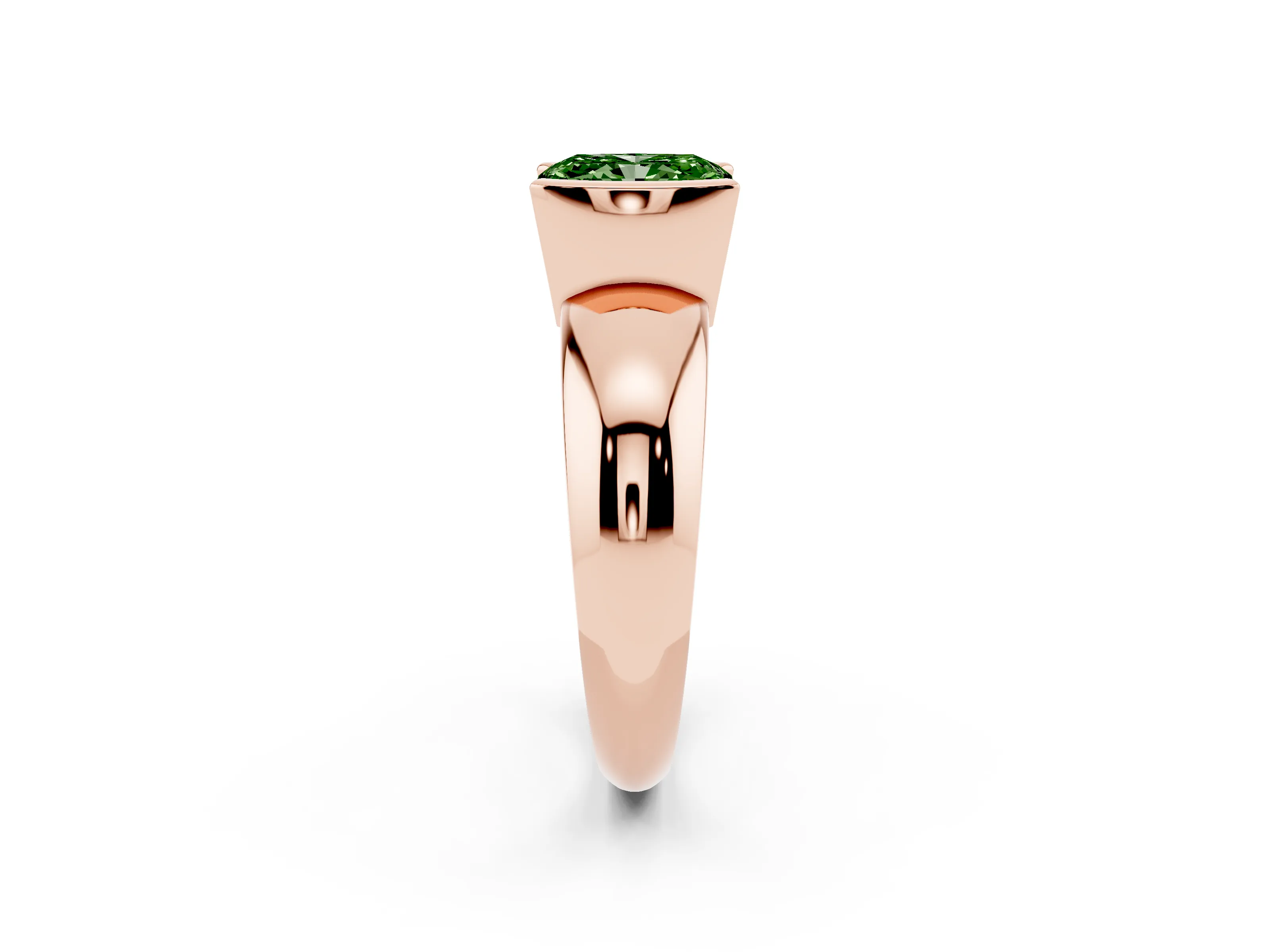 Fancy Green Radiant Cut Diamond Solitaire Tension Set Ring Set in Rose gold with Wide Band