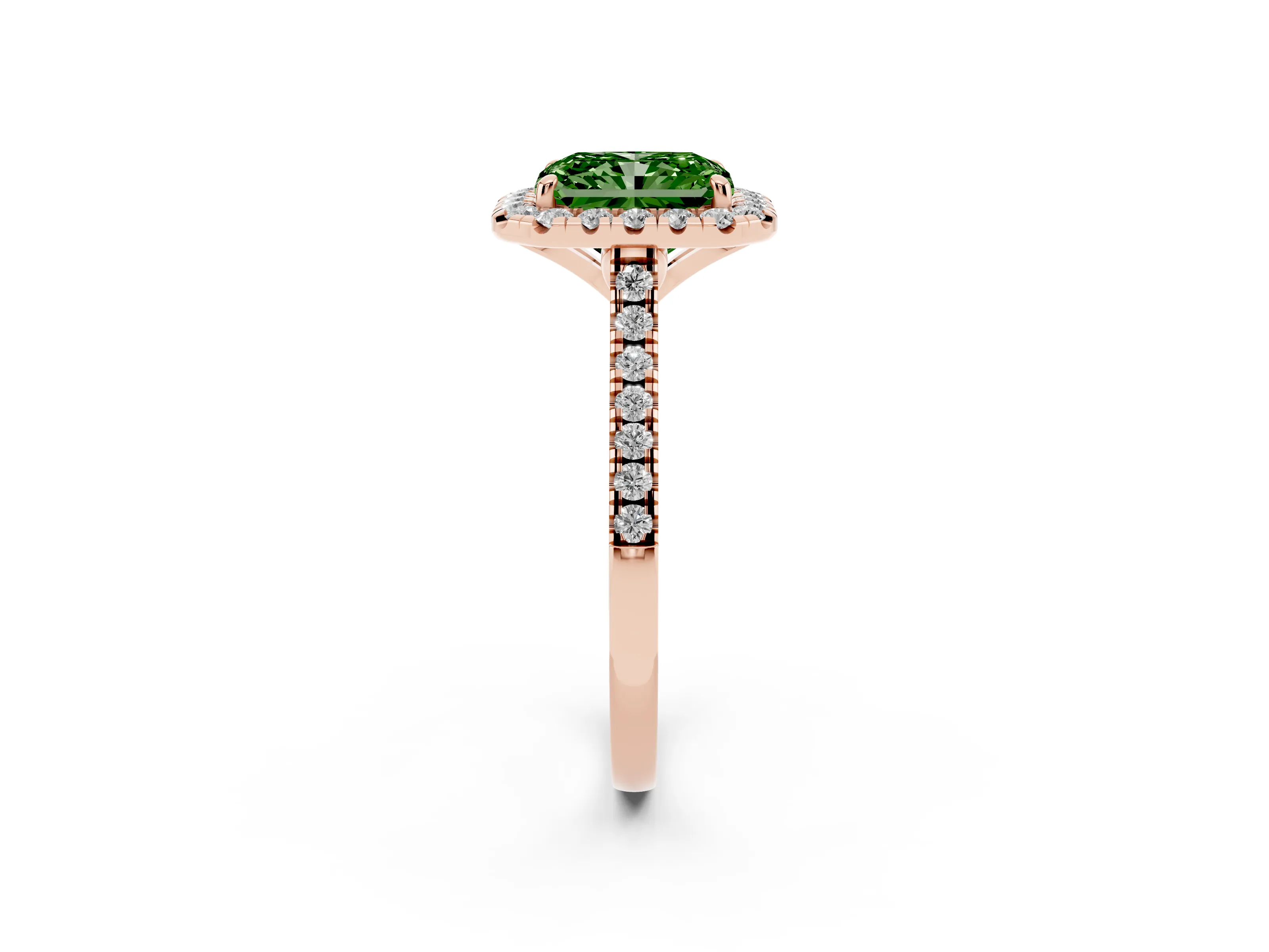 Fancy Green Radiant Cut Diamond Cushion Halo Ring Set in Rose gold with Pavé Band