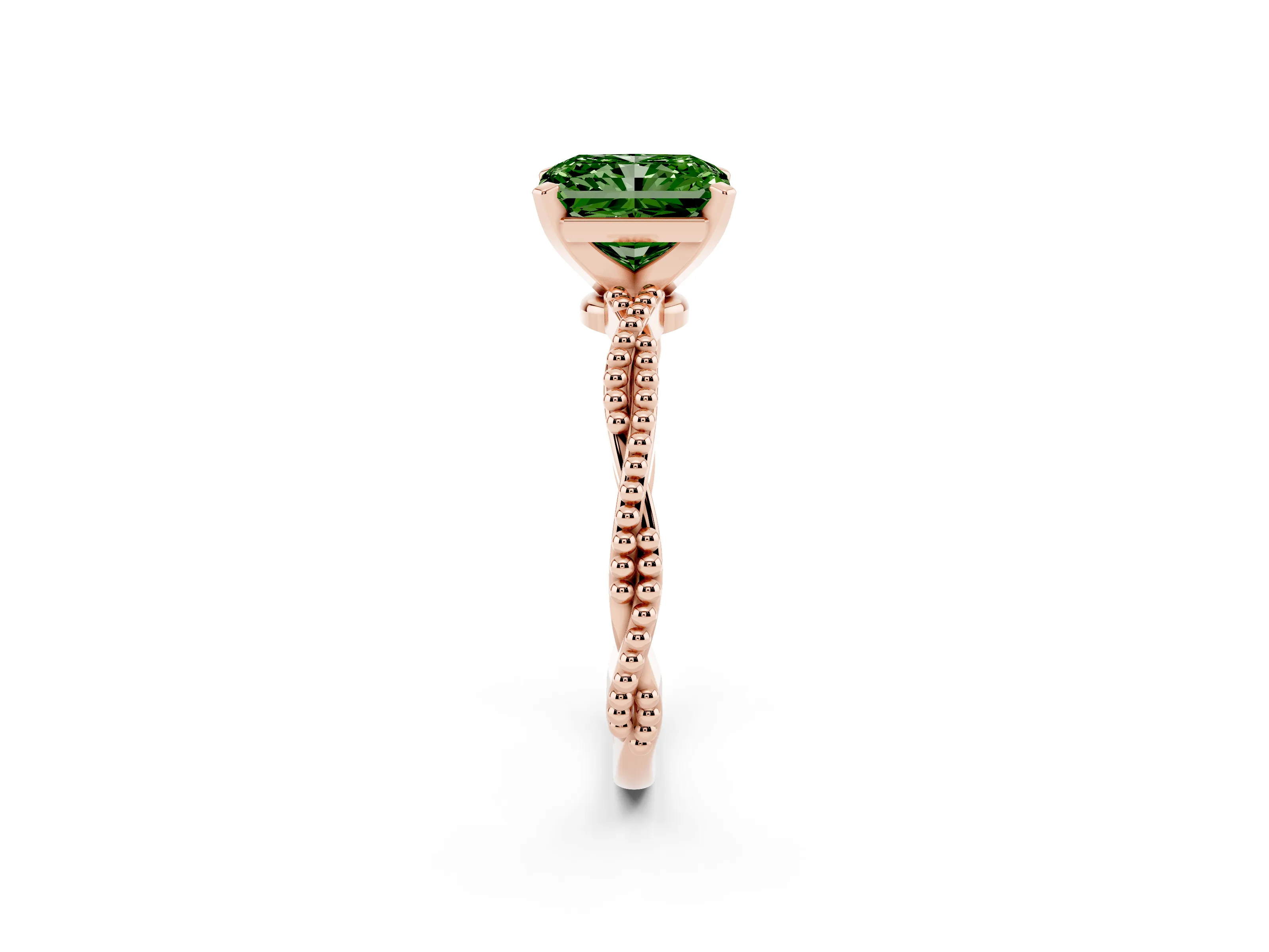 Fancy Green Radiant Cut Diamond Solitaire Ring Set in Rose gold with Twisted Band and Bead Prong Setting