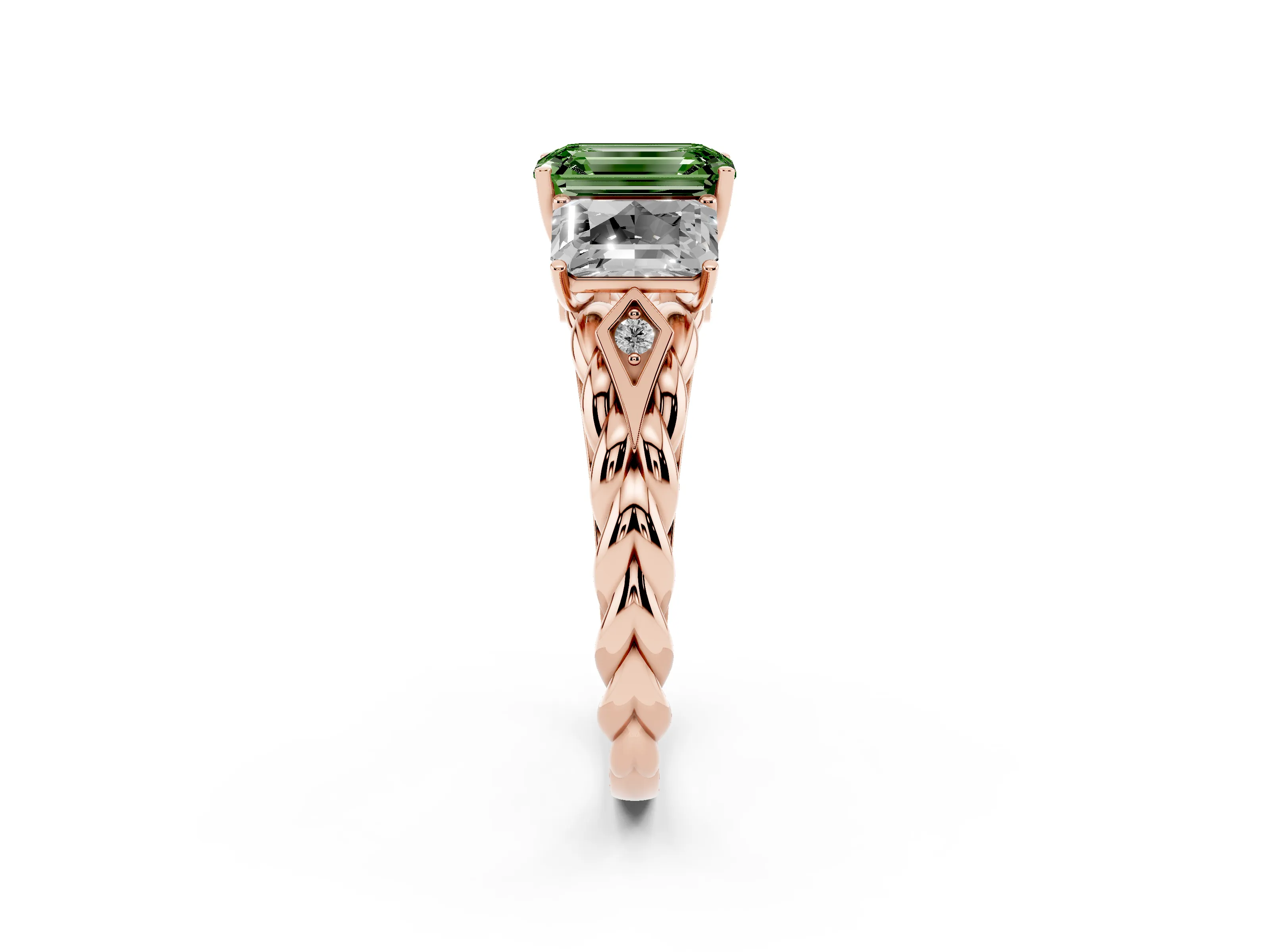 Fancy Green Radiant Cut Diamond Three-Stone Ring Set in Rose gold with Braided Band