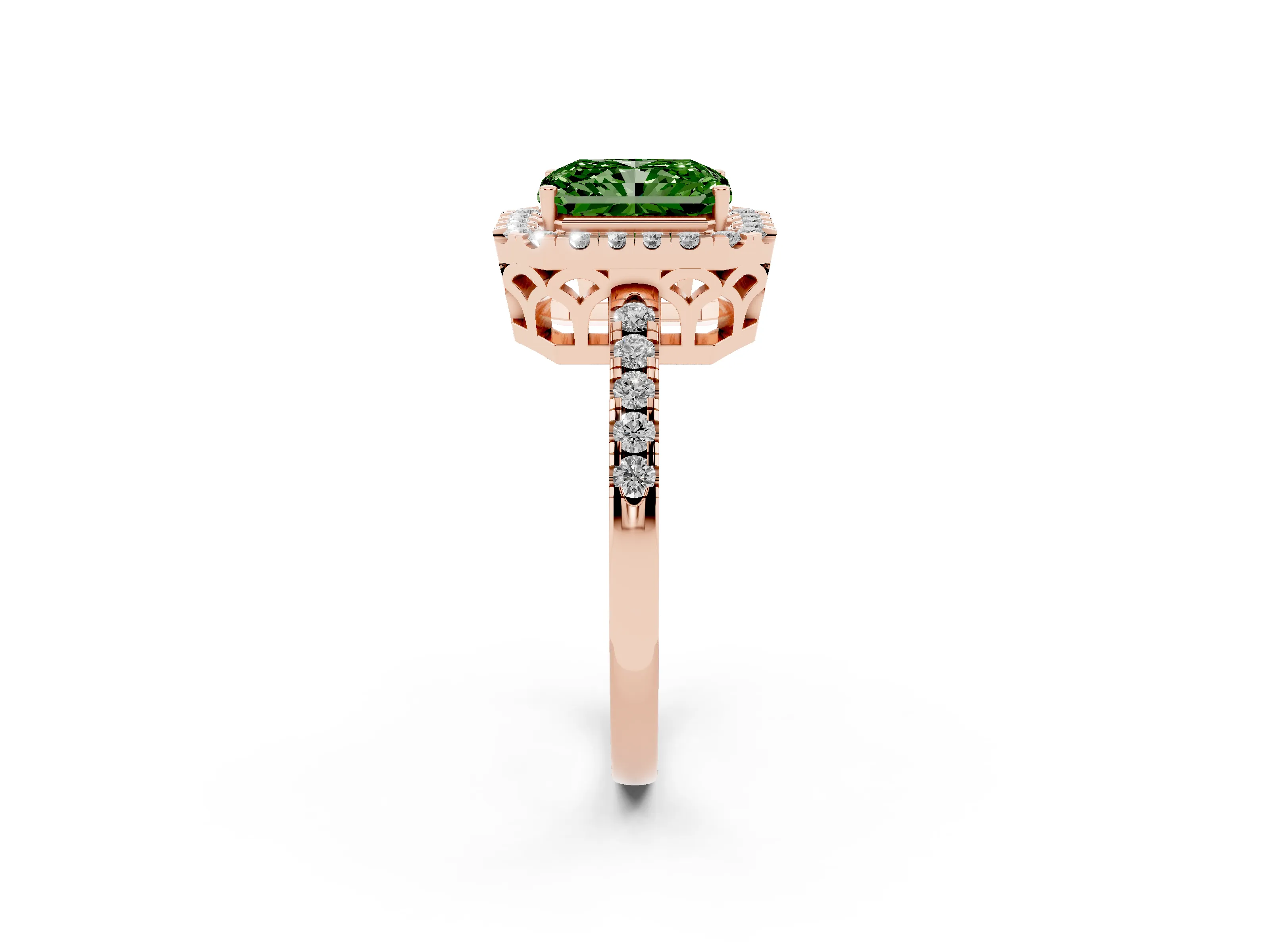 Fancy Green Radiant Cut Diamond Pavé Band Halo Engagement Ring Set in Rose gold with Prong Setting