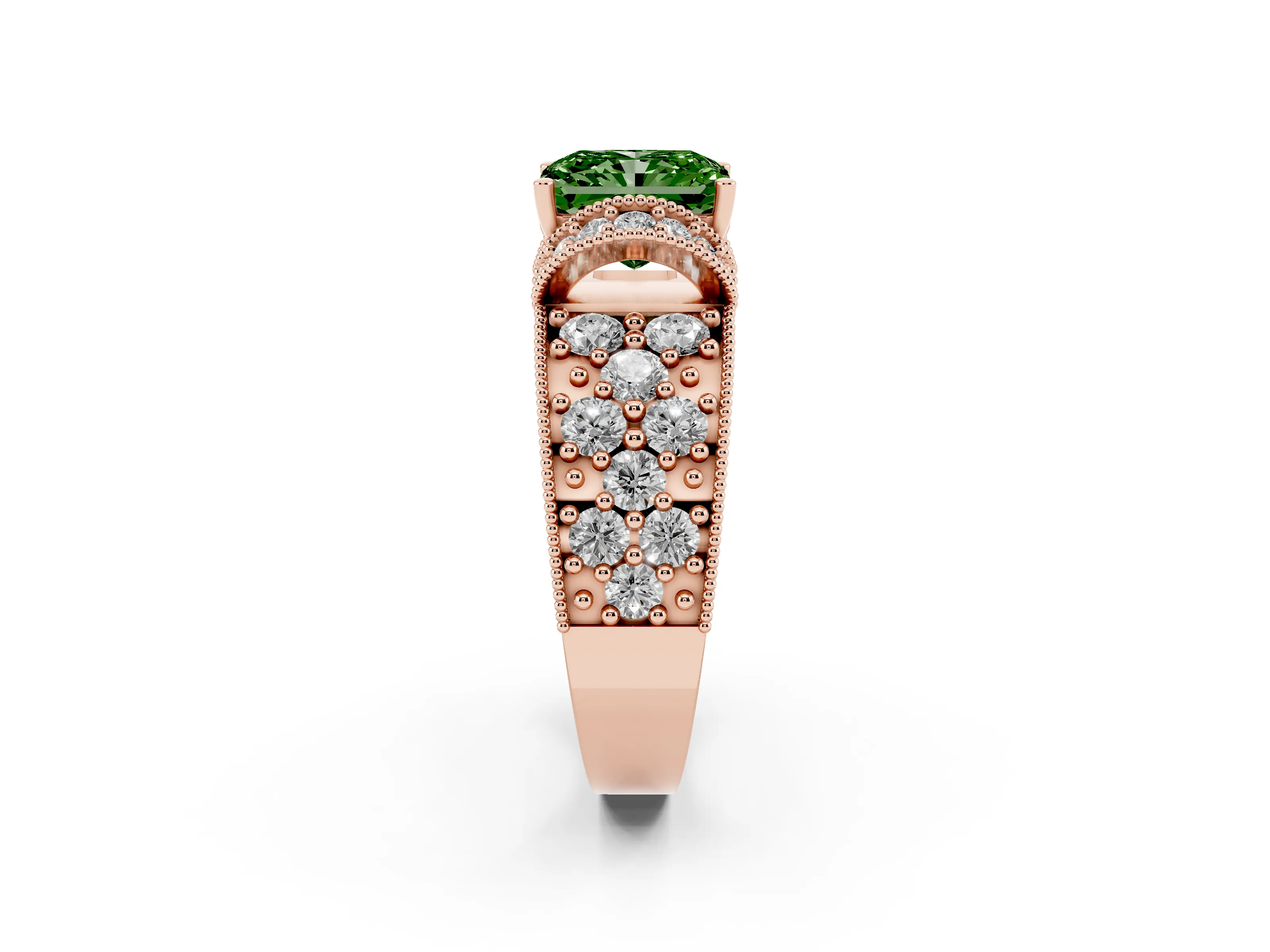 Fancy Green Radiant Cut Diamond Milgrain Halo Pavé Engagement Ring Set in Rose gold with Prong Setting