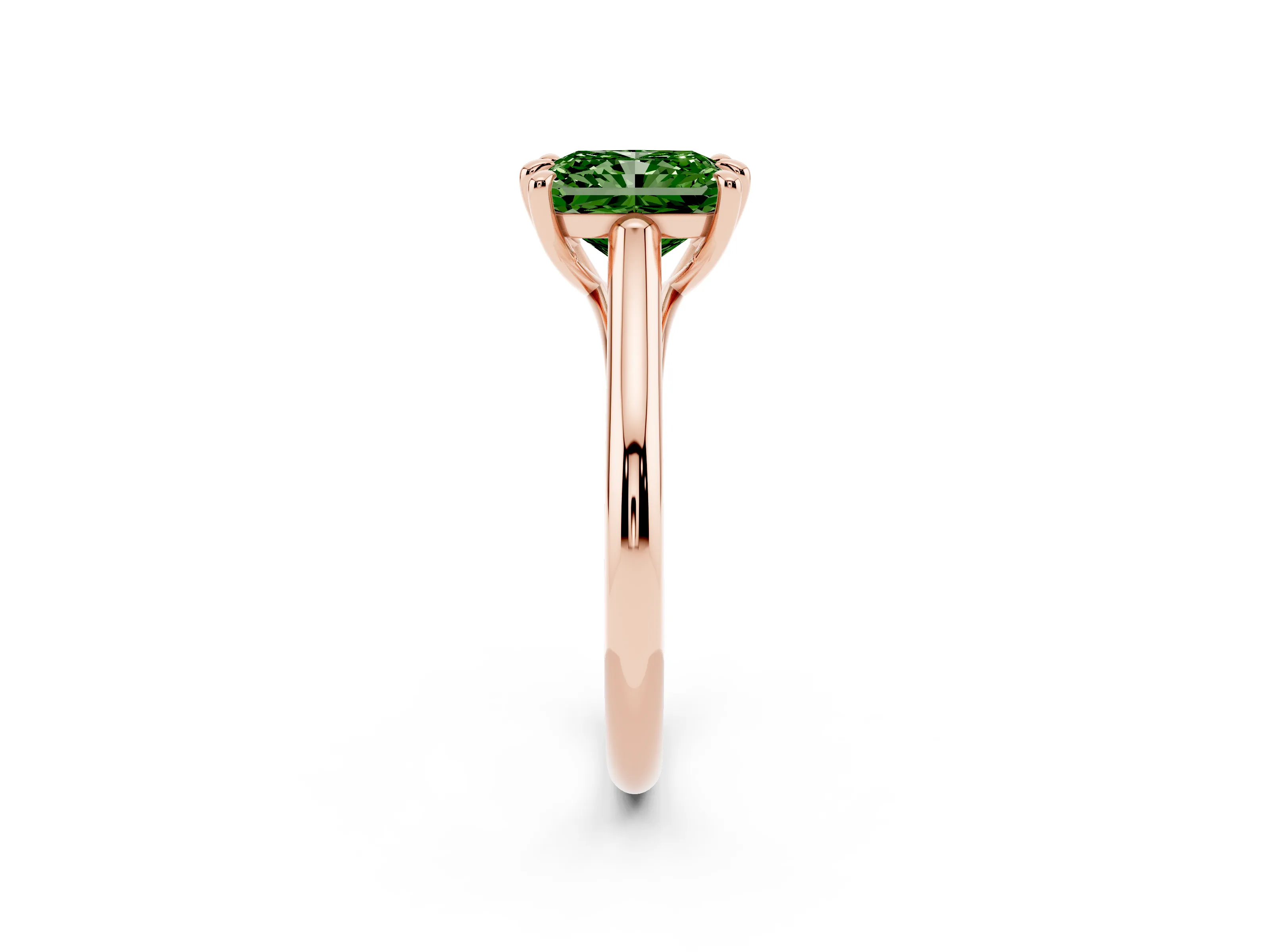 Fancy Green Radiant Cut Diamond Solitaire Engagement Ring Set in Rose gold with Prong Setting and Plain Classic Band