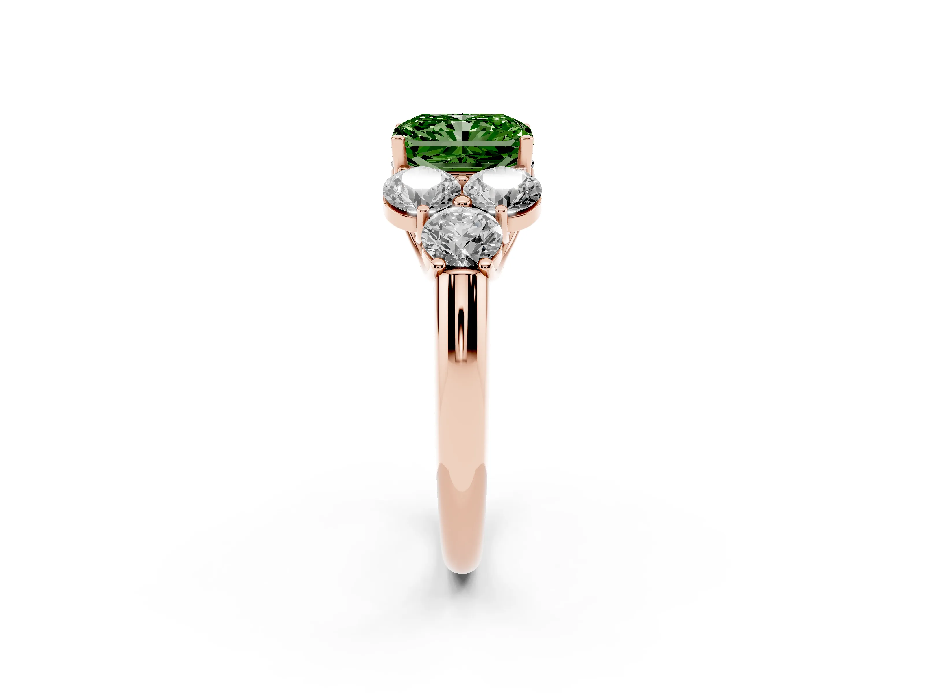 Fancy Green Radiant Cut Diamond Cluster Ring Set in Rose gold with Round Accent Stones and Prong Setting on a Plain Band