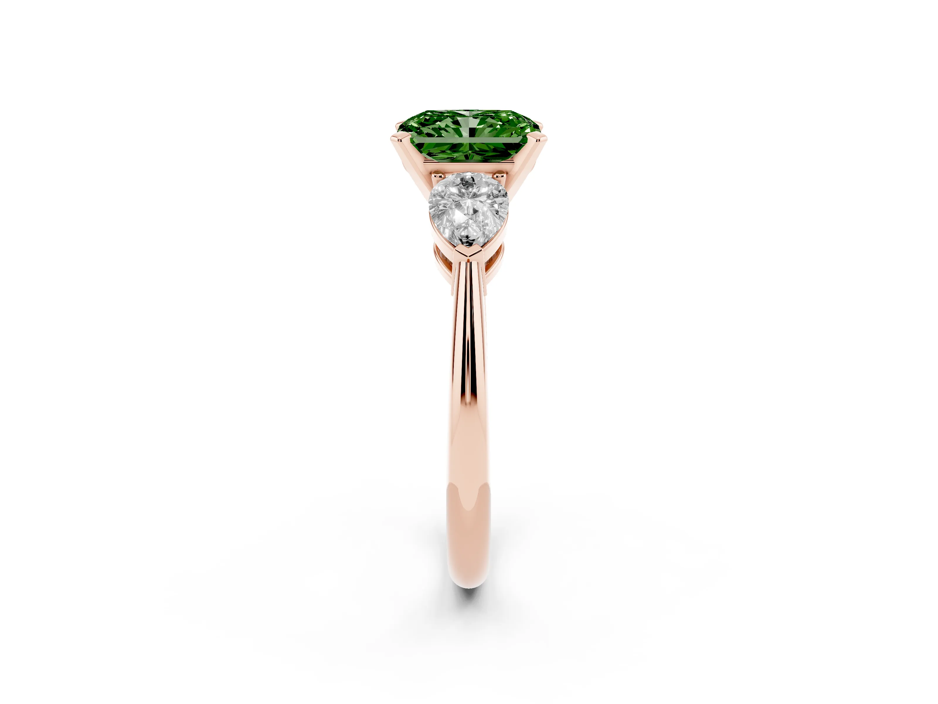 Fancy Green Three-Stone Radiant Cut Diamond Ring Set in Rose gold with Pear Side Stones and Prong Setting