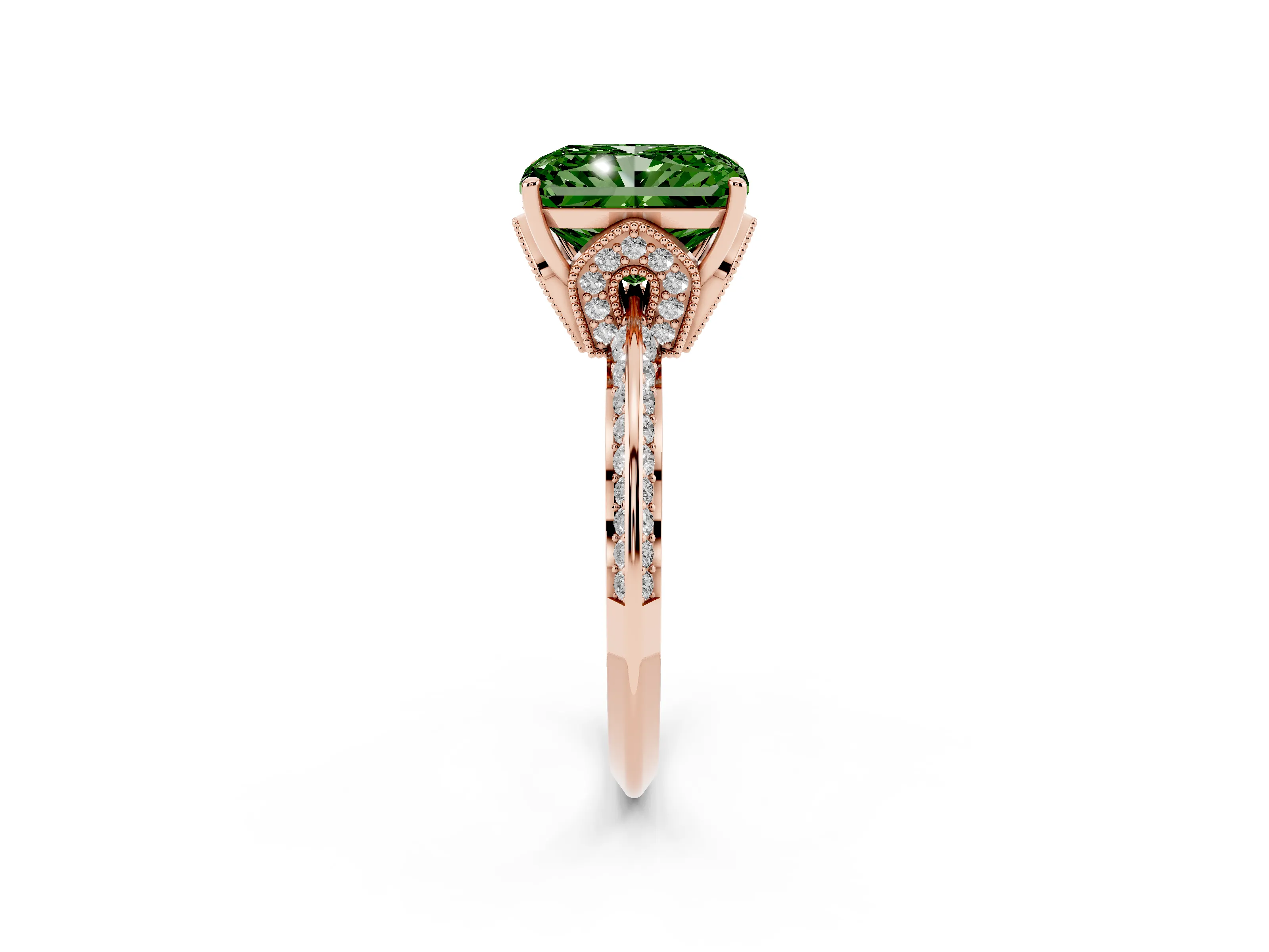 Fancy Green Radiant Cut Diamond Solitaire Engagement Ring Set in Rose gold with Pavé Split Shank and Prong Setting