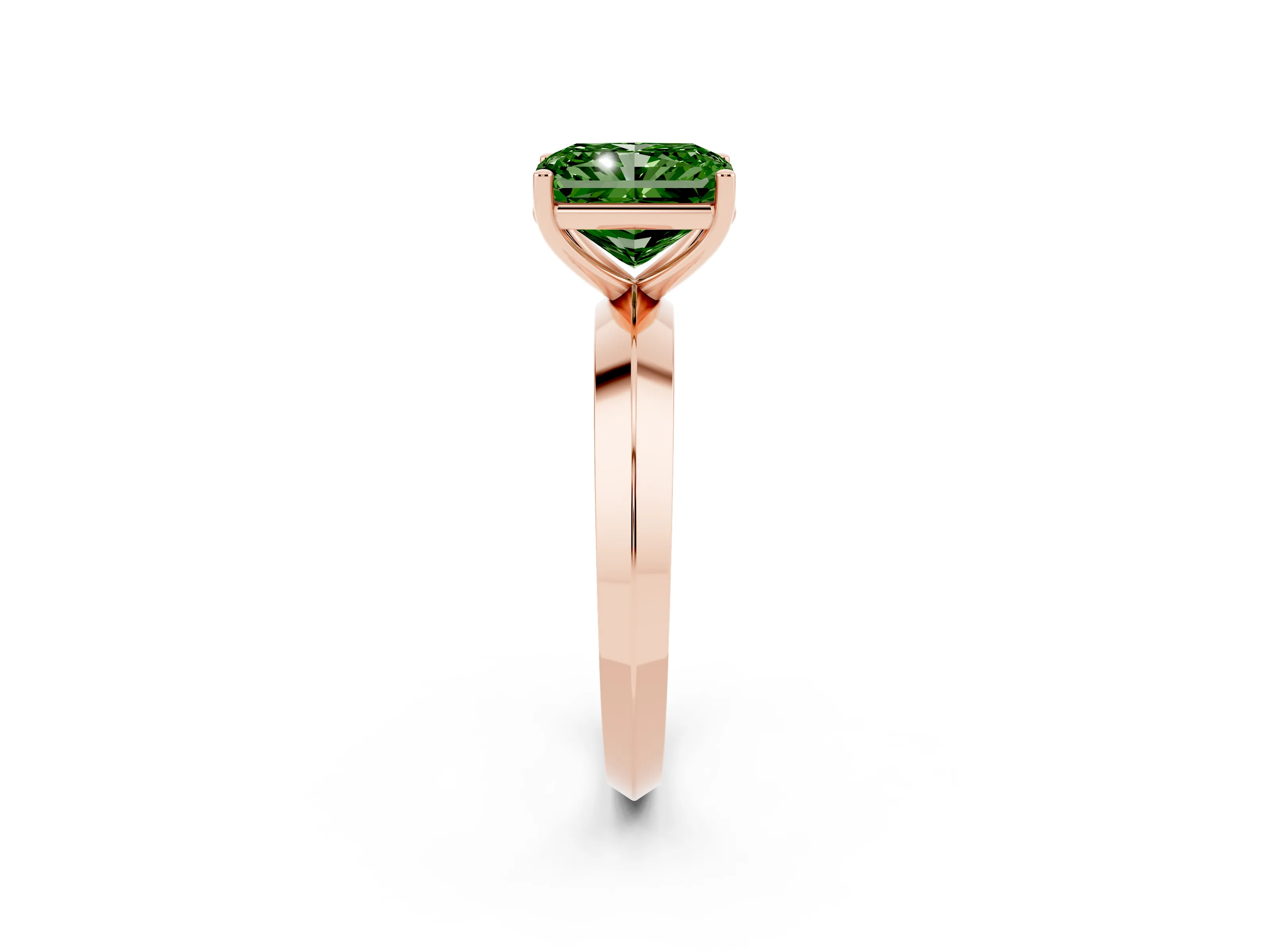 Fancy Green Radiant Cut Diamond Solitaire Engagement Ring Set in Rose gold with Flat Band and Prong Setting