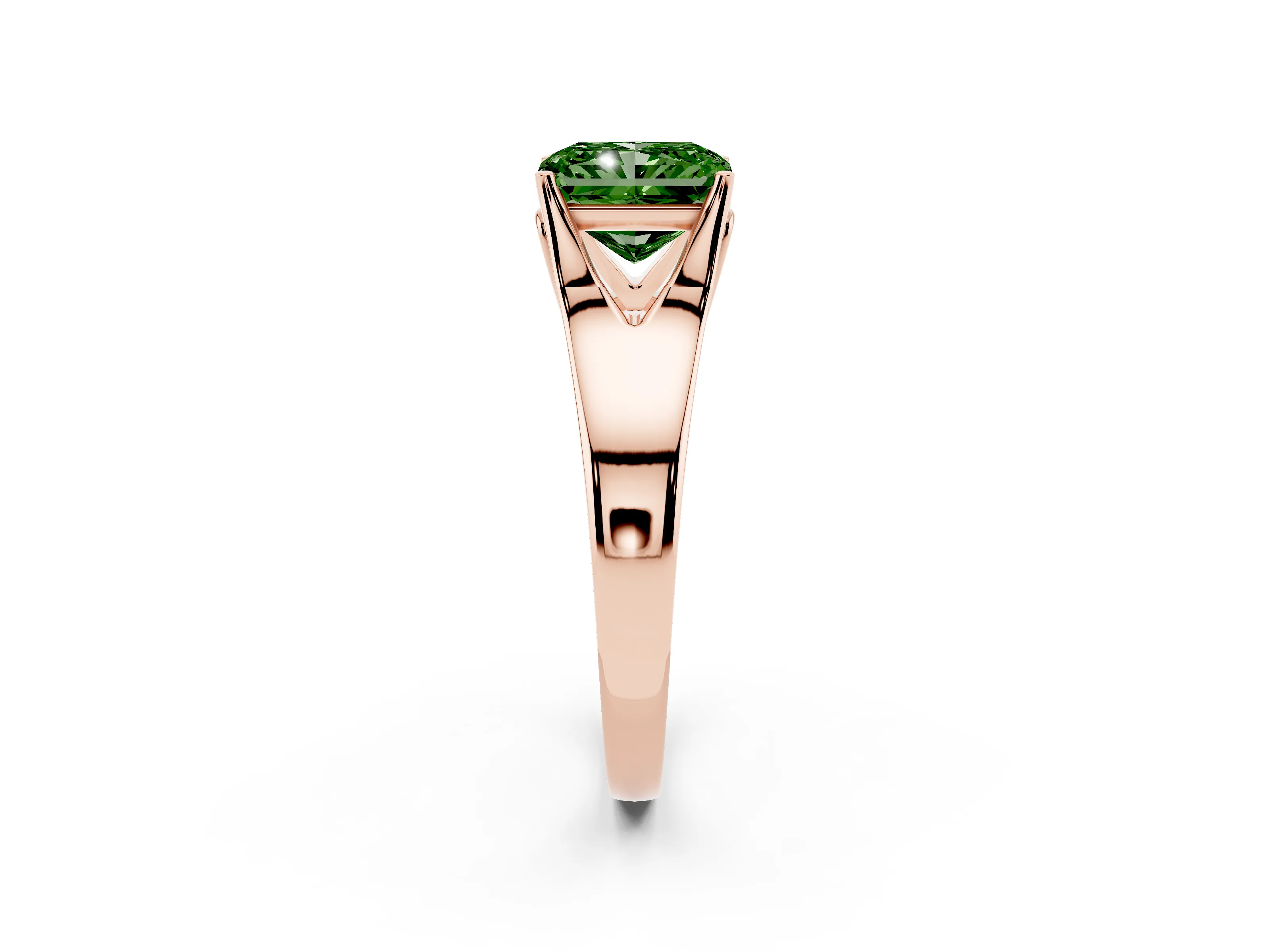 Fancy Green Radiant Cut Diamond Solitaire Ring Set in Rose gold with Arched Cathedral Band and Prong Setting