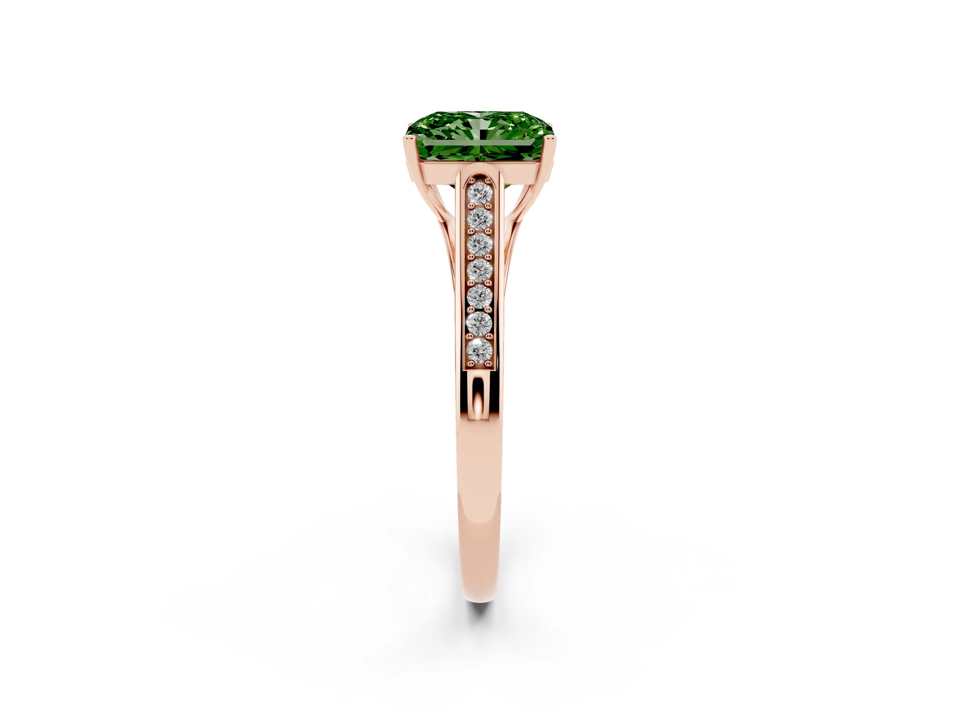 Fancy Green Radiant Cut Diamond Solitaire Cathedral Engagement Ring Set in Rose gold with Channel-Set Band and Prong Setting